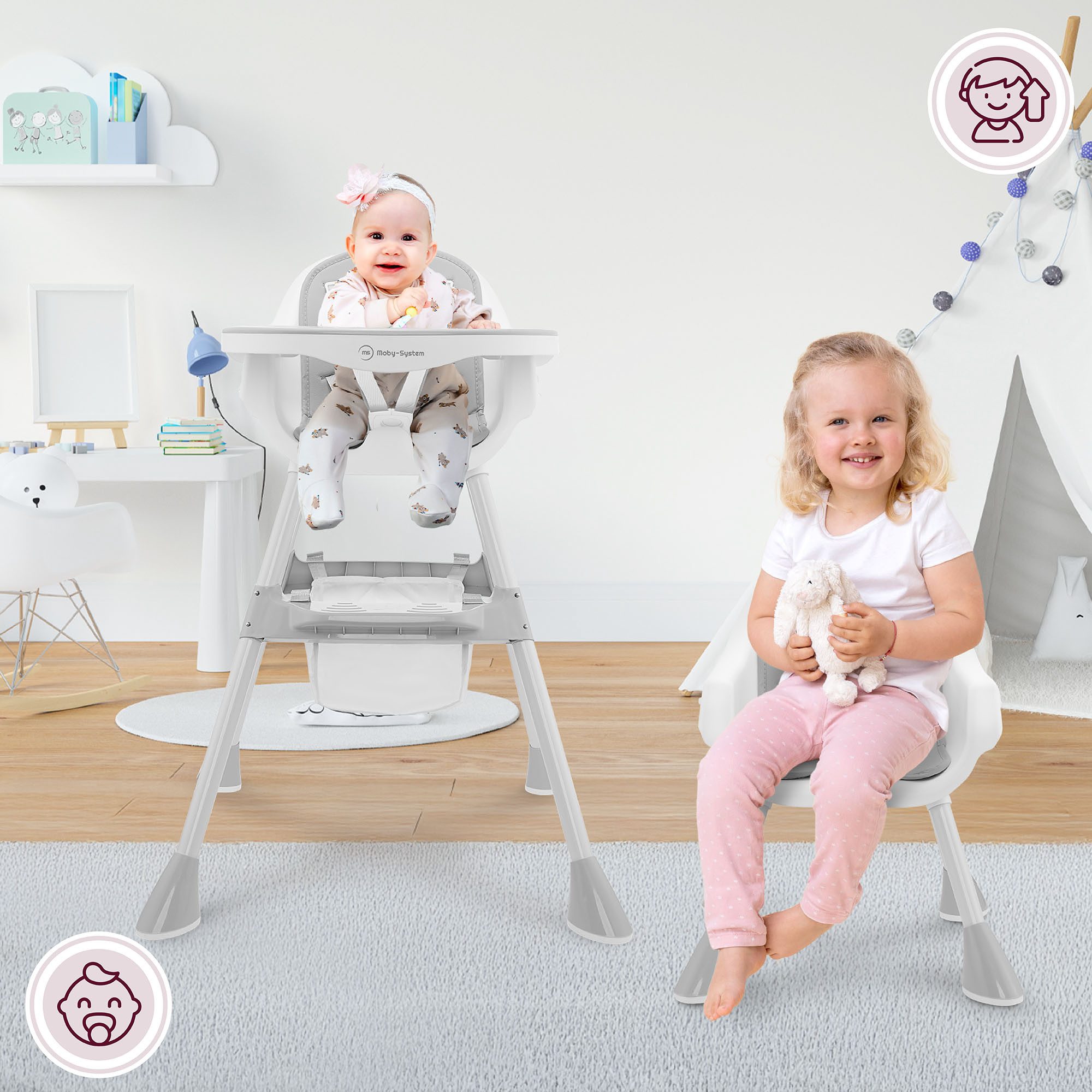 Moby-System Kinderstuhl Moby-System Magnolia 2in1 Hochstuhl - Grau