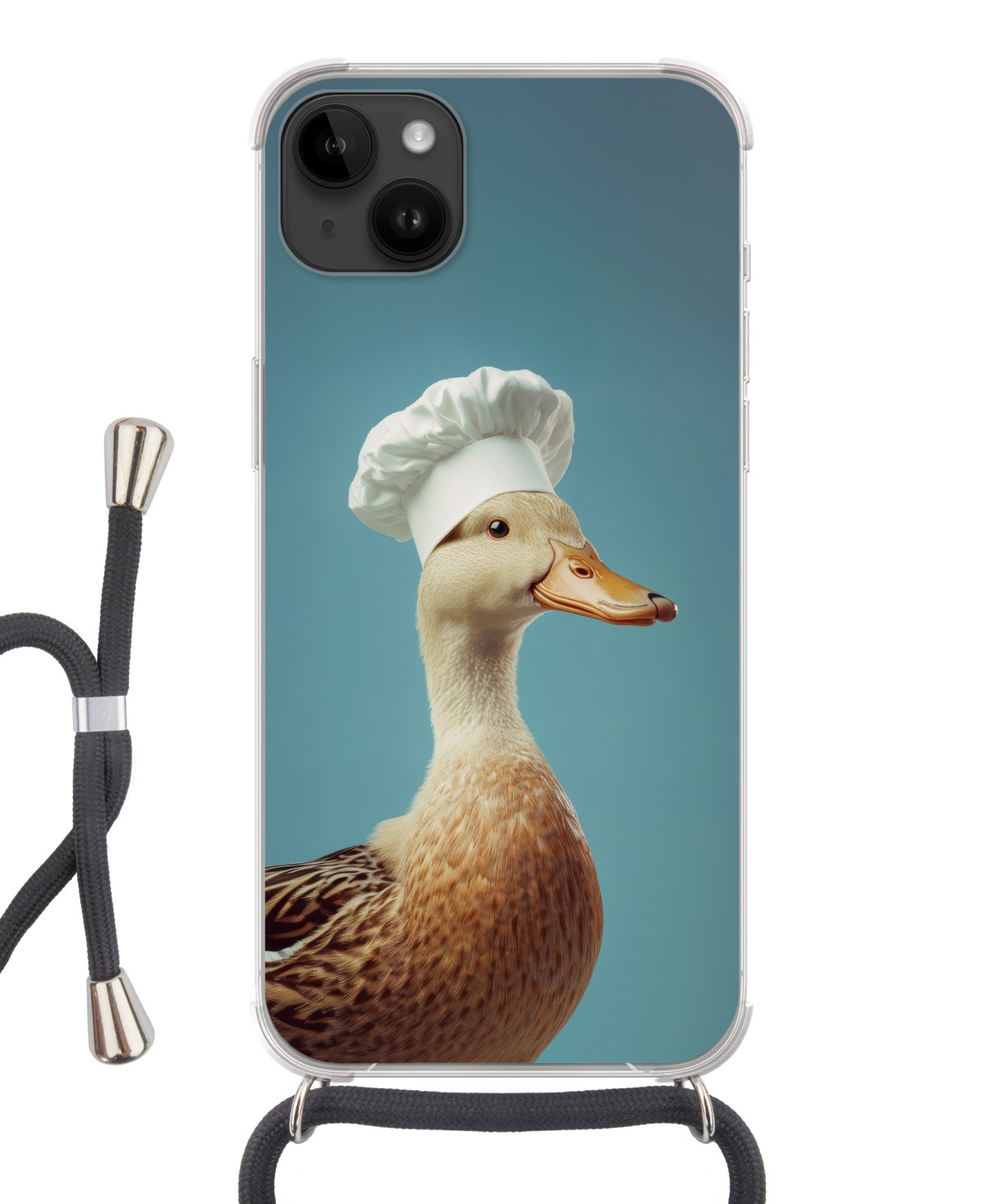 MuchoWow Handyhülle für Apple iPhone 14 Max Ente - Kochmütze - Niedlich - Vogel, Tragbare Handyhüllen mit Kette zum umhängen, Handykette Handyband