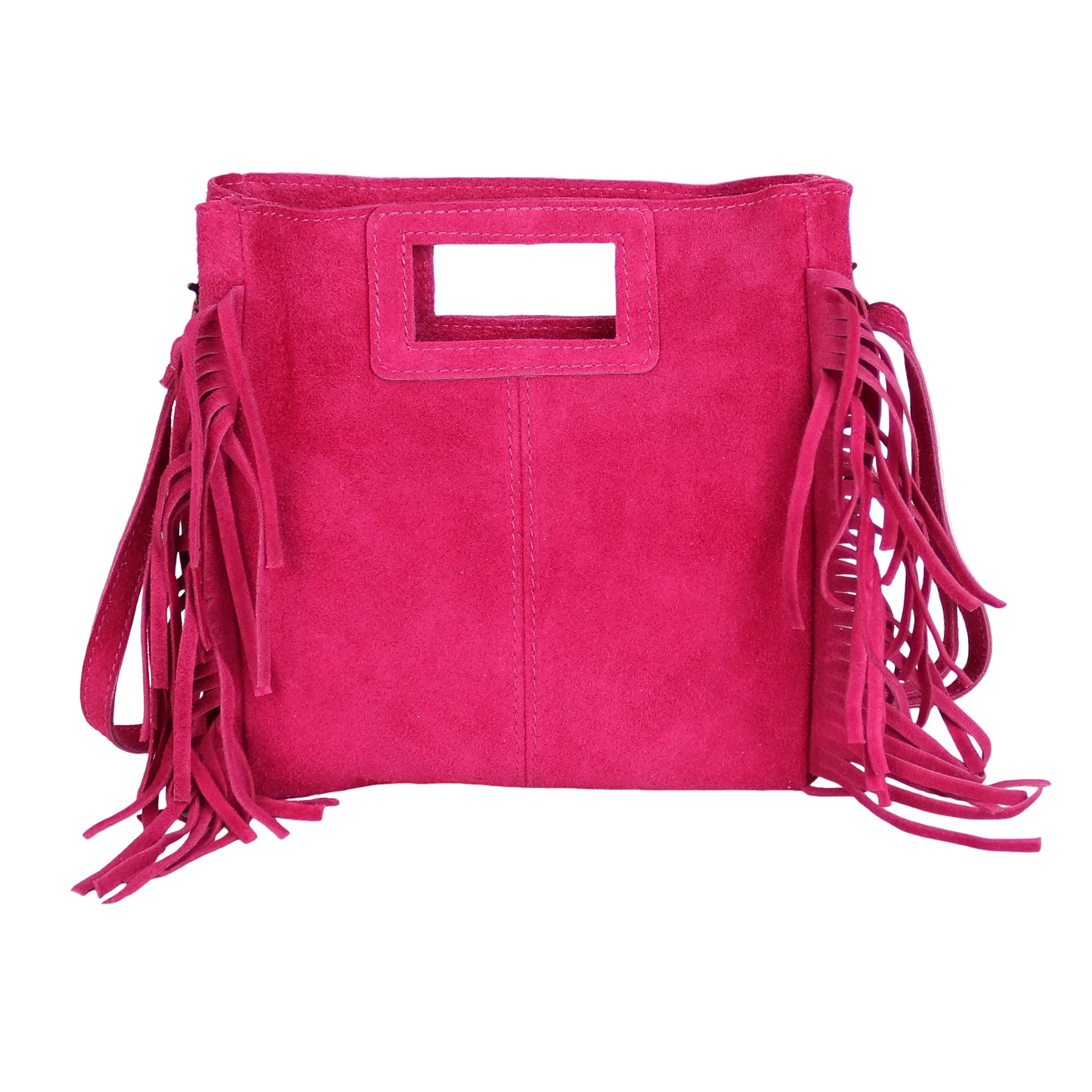 MIRROSI Umhängetasche Damen Crossbody Bag, Echtleder Made In Italy, wunderschöne Fransen (23x24x7cm) aus Wildleder