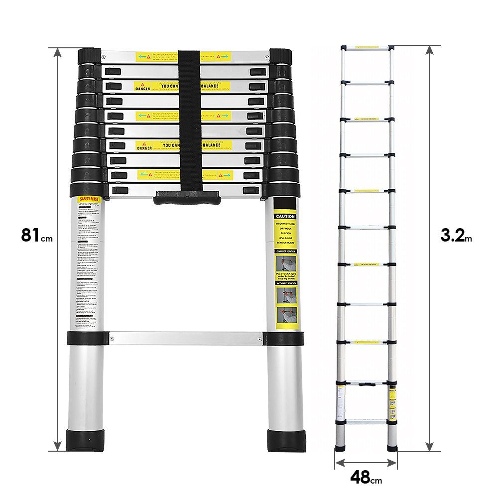 Ausziehleiter Silber Teleskopleiter 3.2m Teleskopleiter Anlegeleiter Gimisgu Alu