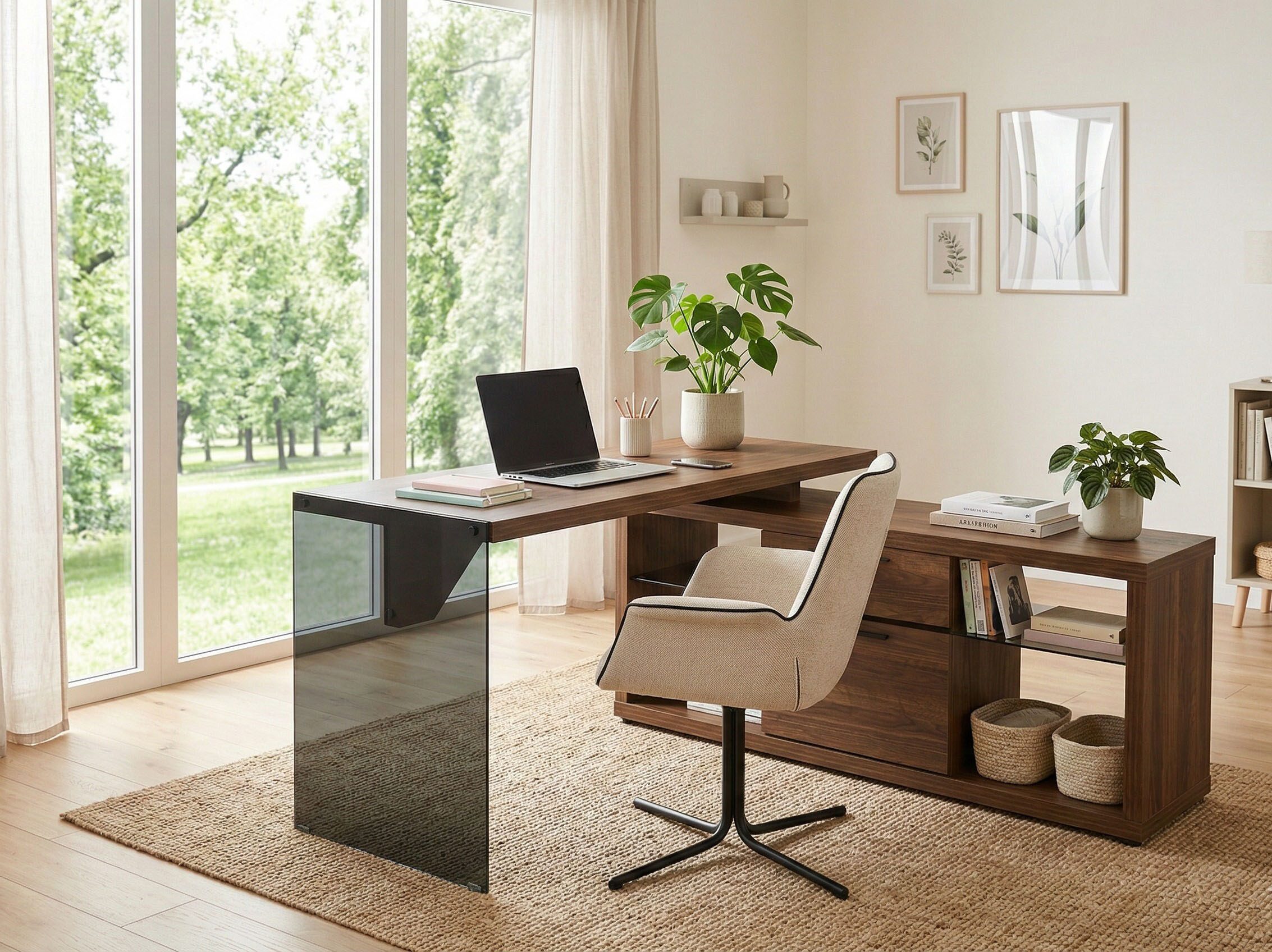 Jahnke Eckschreibtisch LUX, wechselseitig montierbar, Seitenteil aus ESG Sicherheitsglas