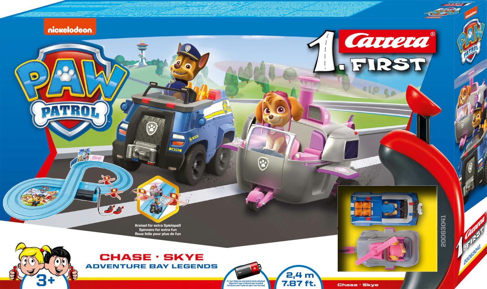 Carrera® Autorennbahn FIRST Rennbahn PAW PATROL Adventure Bay Legends Komplettset ab 3J. (Streckenlänge 2.4 m), inkl. 2 Spielzeugautos