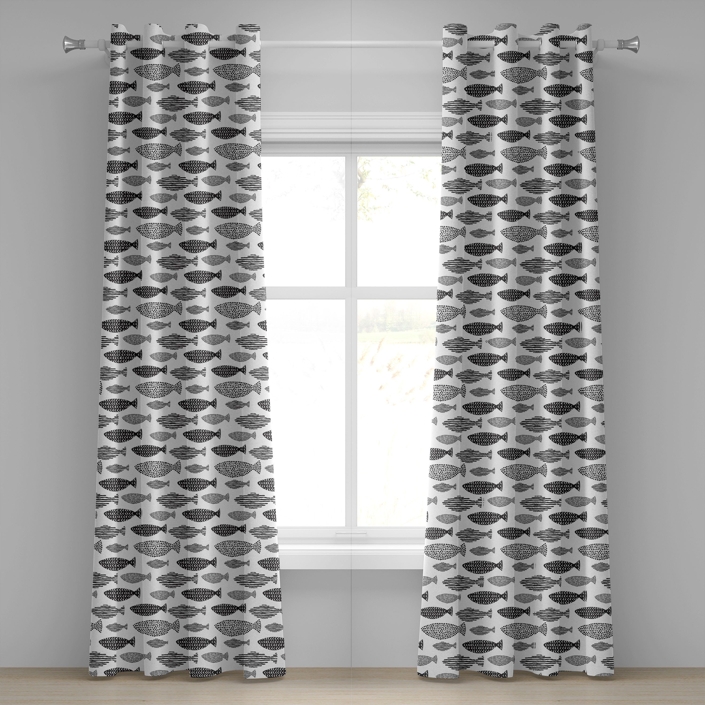 Gardine Dekorative 2-Panel-Fenstervorhänge für Schlafzimmer Wohnzimmer, Abakuhaus, Fisch Seetiere Schwarz Weiß | Fertiggardinen