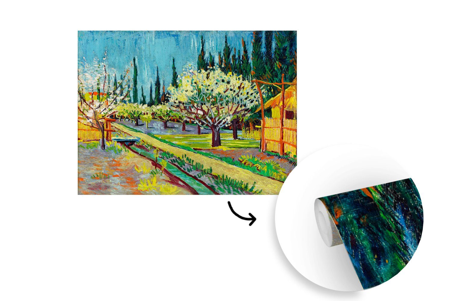 umgeben - Fototapete van Vincent Obstgarten, Gogh, für Wohnzimmer Blühender Schlafzimmer Küche, bedruckt, Fototapete Vliestapete St), MuchoWow Matt, (5 von Zypressen