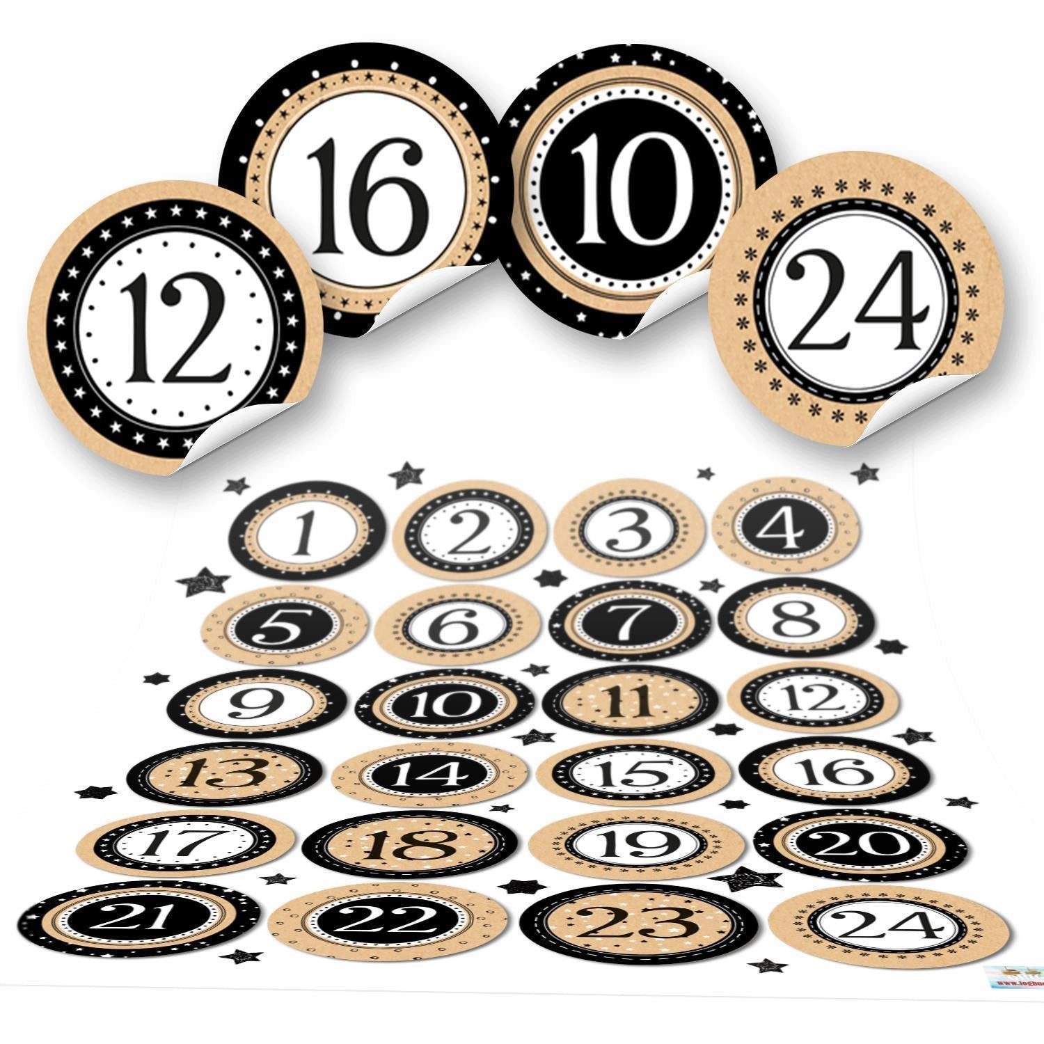 Logbuch-Verlag Aufkleber Adventskalender Zahlen Aufkleber 1 - 24 zum Basteln 4 cm schwarz weiß
