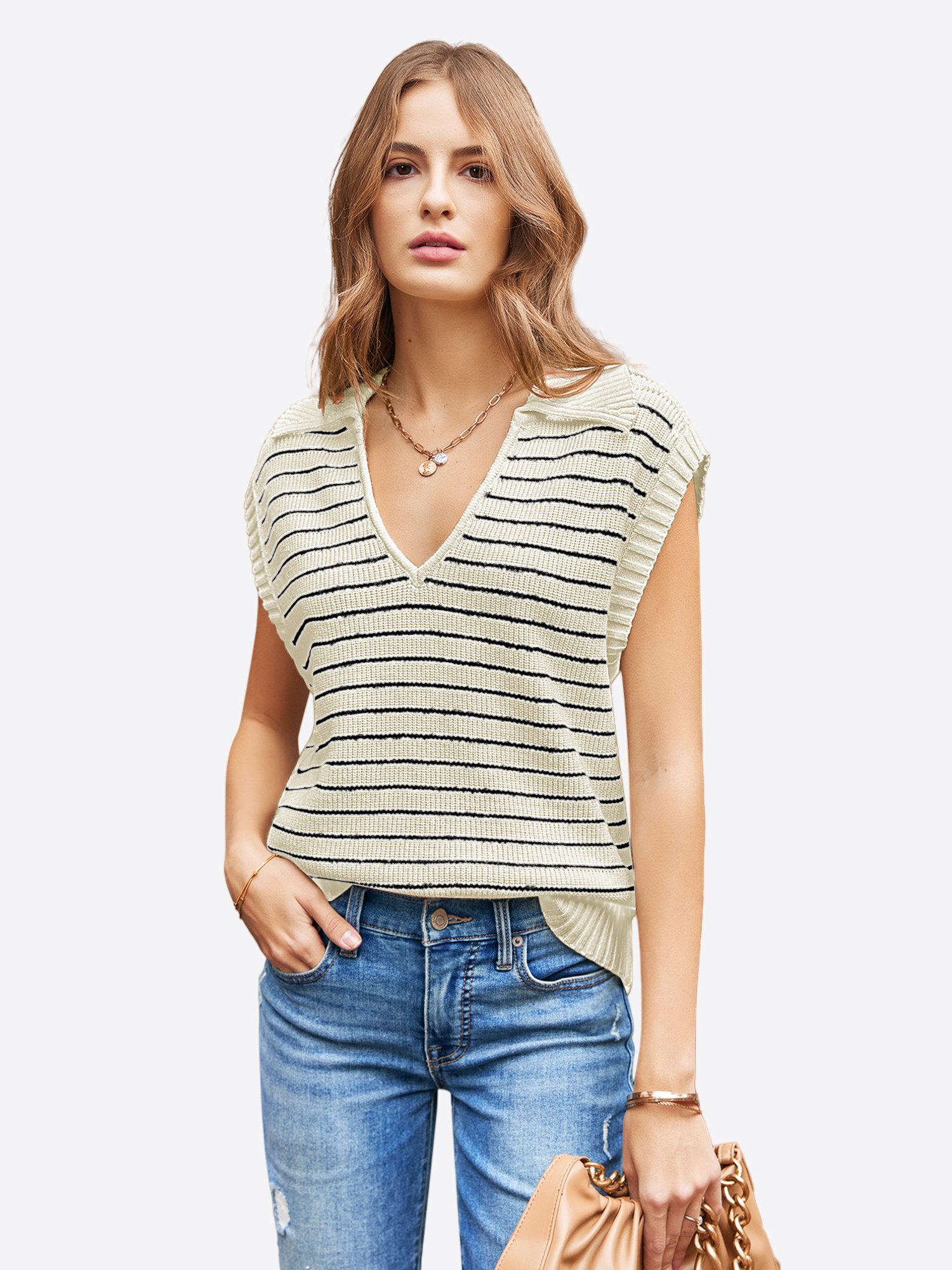 Imily Bela Stricktop Damen Sommer Gestreift Kragen V-Ausschnitt Kurzarm Top (Packung, 1-tlg., 1per-Pack) gehäkelt