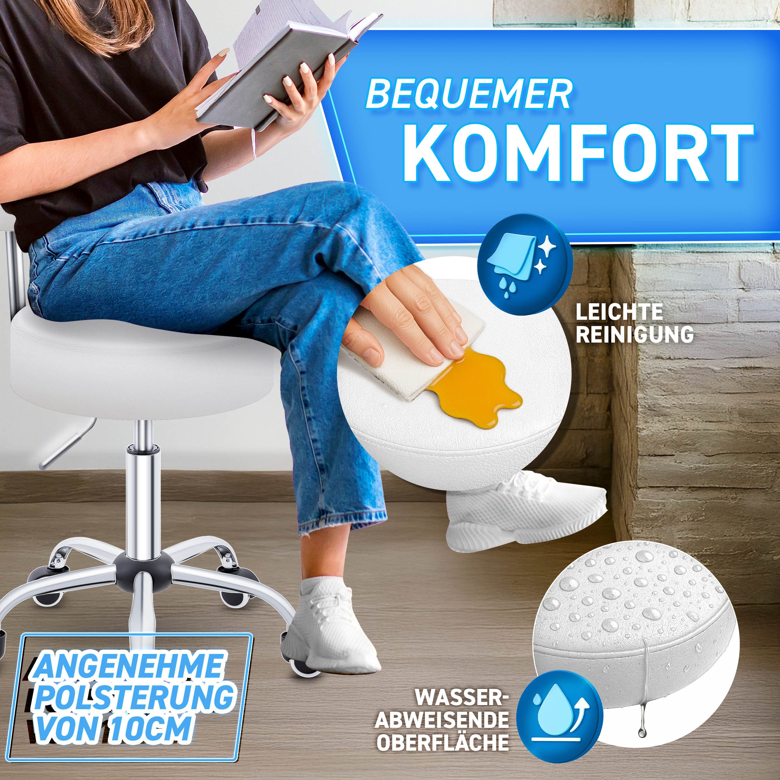 TRESKO Drehhocker Rollhocker mit Lehne, Arbeitshocker höhenverstellbar 46-58 cm, Bürostuhl mit Rollen Hocker Drehstuhl Kosmetikhocker