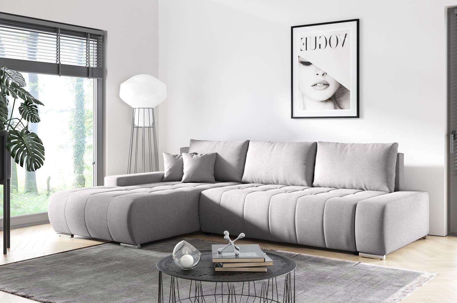 Steppung, aus mit KLARA Hellgrau Compleo Ecksofa Ecksofa Schlaffunktion, Velourstoff L-Form mit