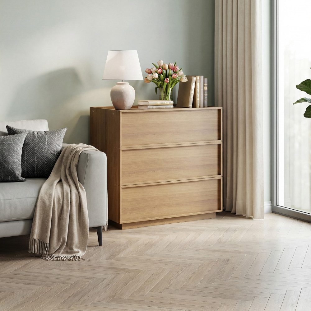 BBWL Stauraumschrank Kommode Holz Eiche 3 Schubladen, Sideboard Schlafzimmer Wohnzimmer Modern Aufbewahrungsschrank, stabil, grifflos, vielseitig
