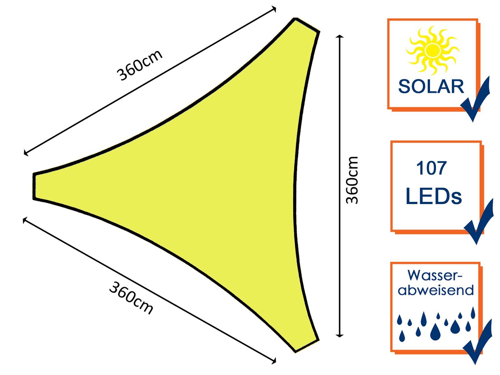 PEREL Sonnensegel, dreieckig Dreiecksegel Solar LED Licht Garten Sonnenschutz-Segel 5,6m²