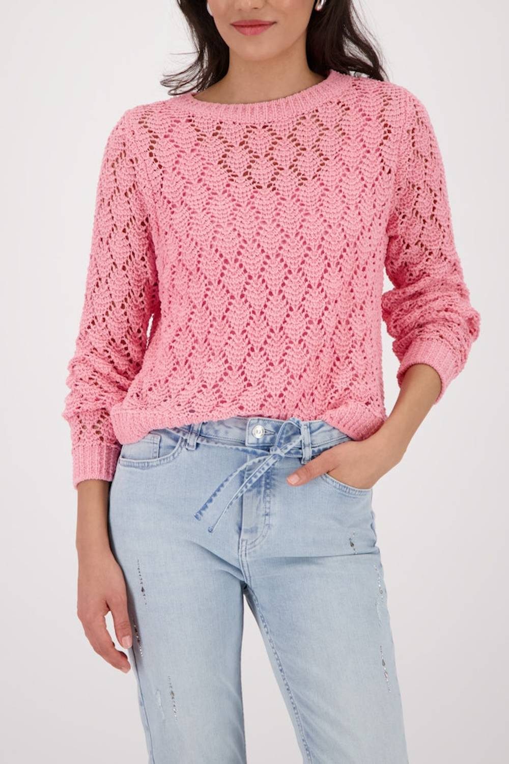 Monari Rundhalspullover 410392 Zartes Ajour-Muster als eleganter Blickfang