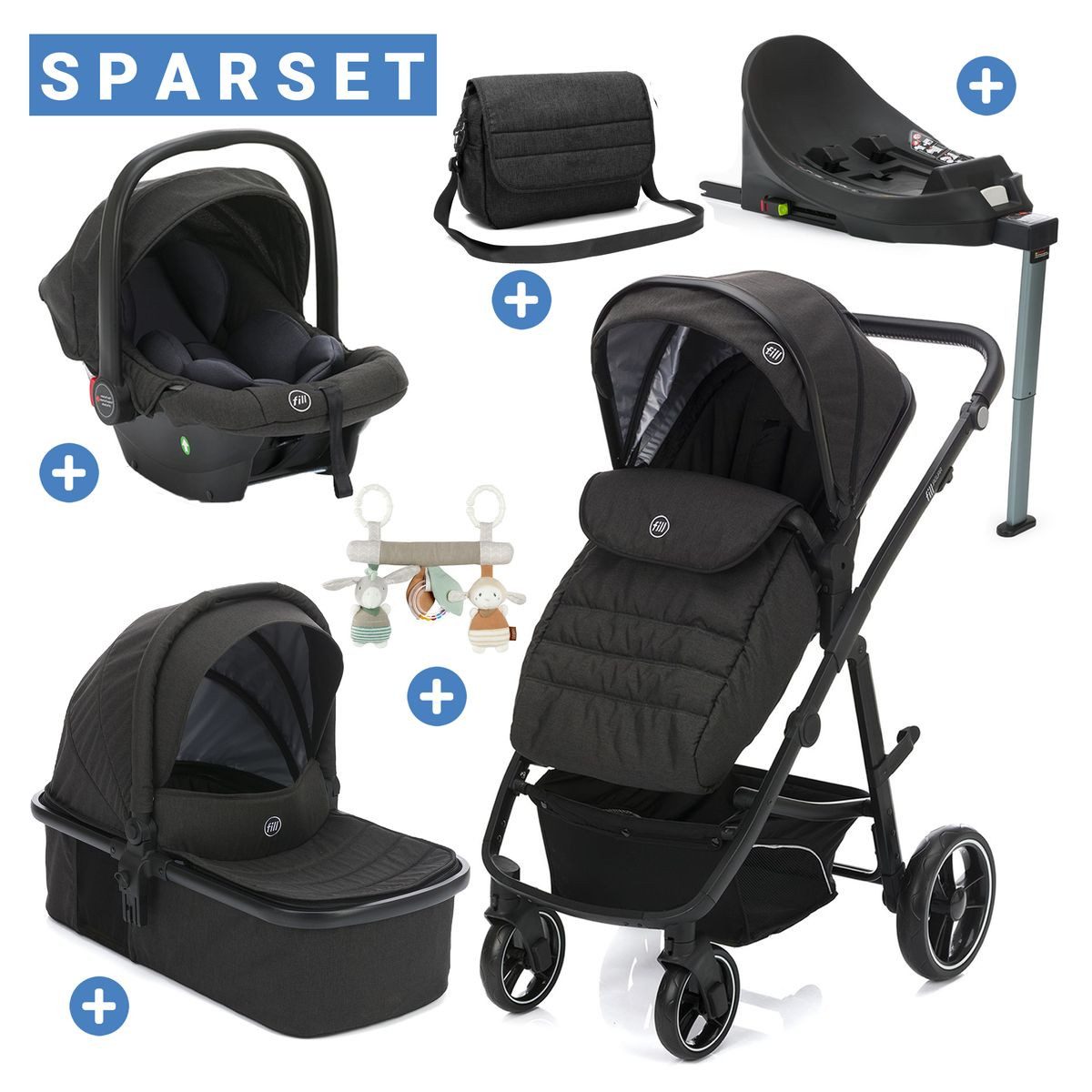 Fillikid Kombi-Kinderwagen Fill Jaguar - Dunkelgrau Melange, 3in1 Kinderwagen mit Babyschale, Babywanne, Sportsitz & Isofix-Basis