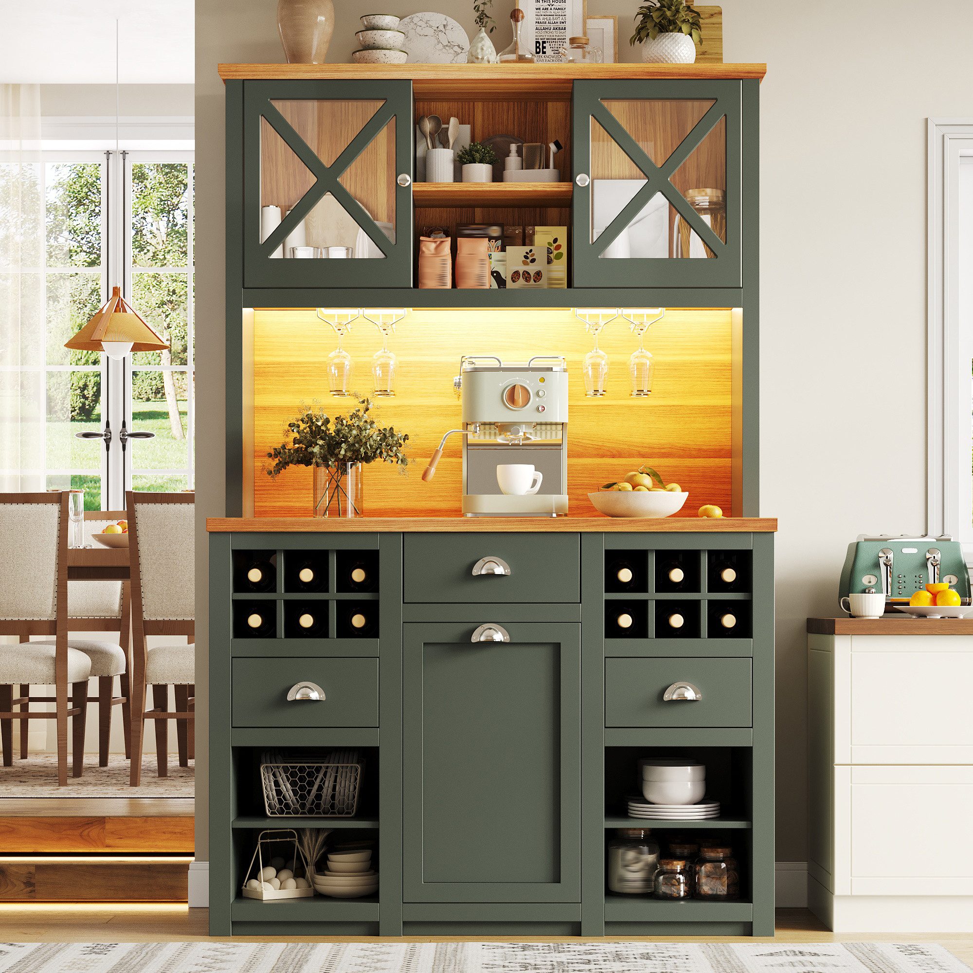 Flieks Küchenbuffet mit Arbeitsplatte in Holzoptik, Steckdosen und LED-Beleuchtung (B120/T45/H188 cm, 1-St) Küchenschrank mit verstellbarer Einlegeböden Hochschrank in Retrostil