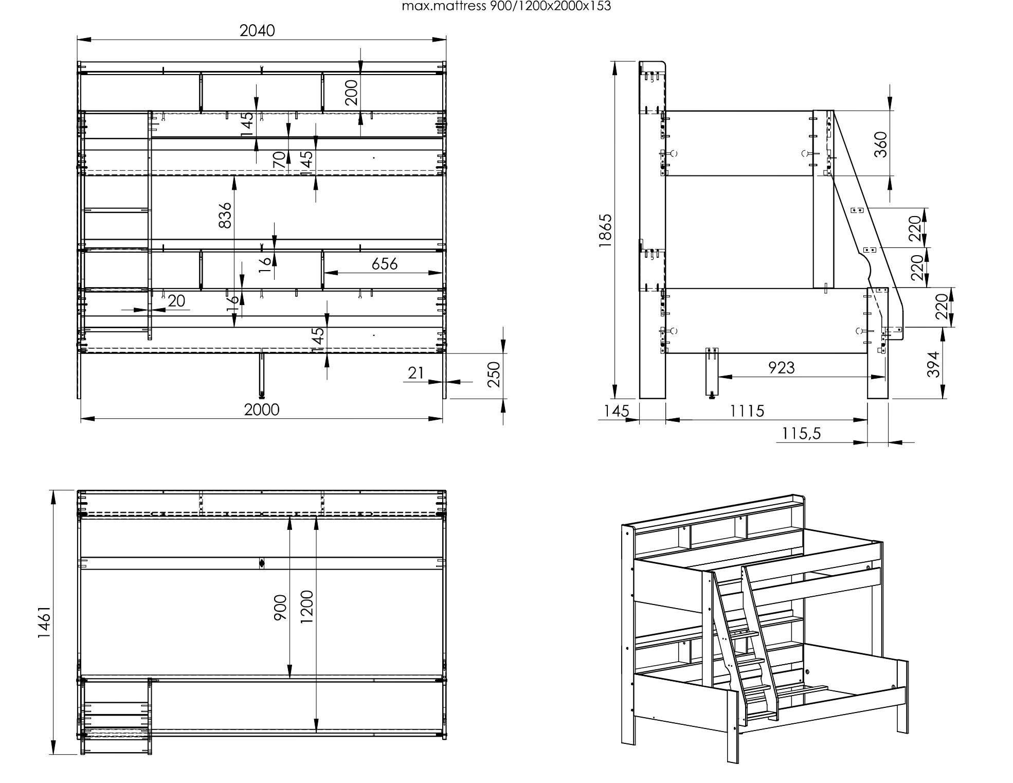 Lüttenhütt Jaime II bunk bed, bunk bed, plenty of storage space, with shelves, solid wood with MDF (upper bed 90x200cm, lower bed 120x200cm), wide sleeping area on the lower bed, FSC® certified, Made in the EU, 3rd sleeping space optional