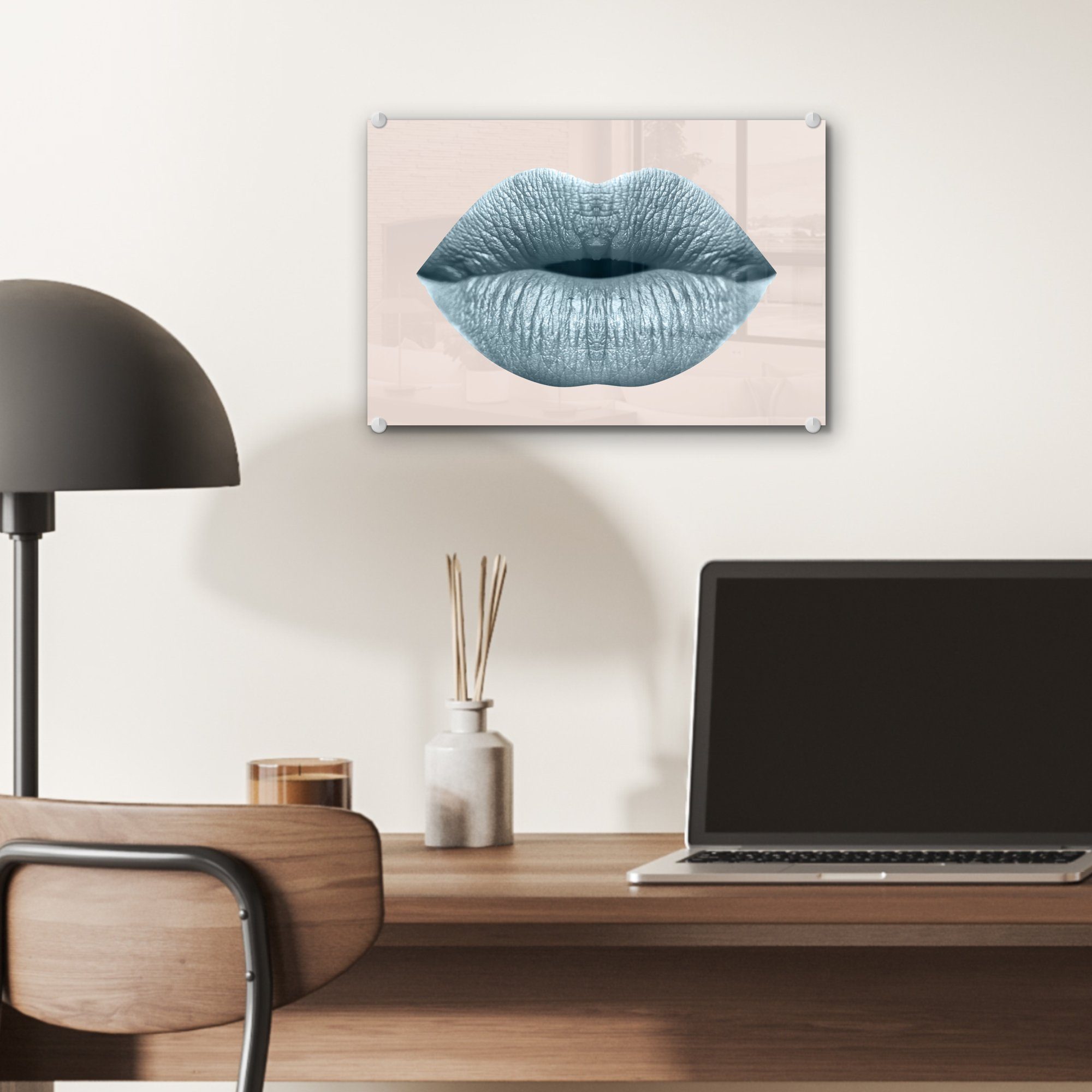 MuchoWow Acrylglasbild Lippen - Pastell - Foto (1 - auf auf Glasbilder Glas St), Grau, Glas Wanddekoration - Wandbild - Bilder