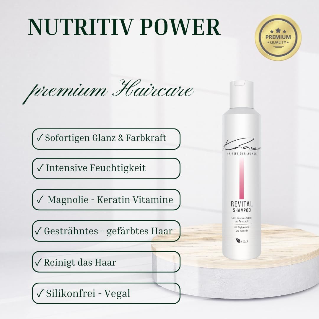 Knaus Hairdesign Haarshampoo REVITAL Shampoo für coloriertes Haar - sofortigen Glanz Vegan, Farbkraft intensive Pflege für sprödes Haar