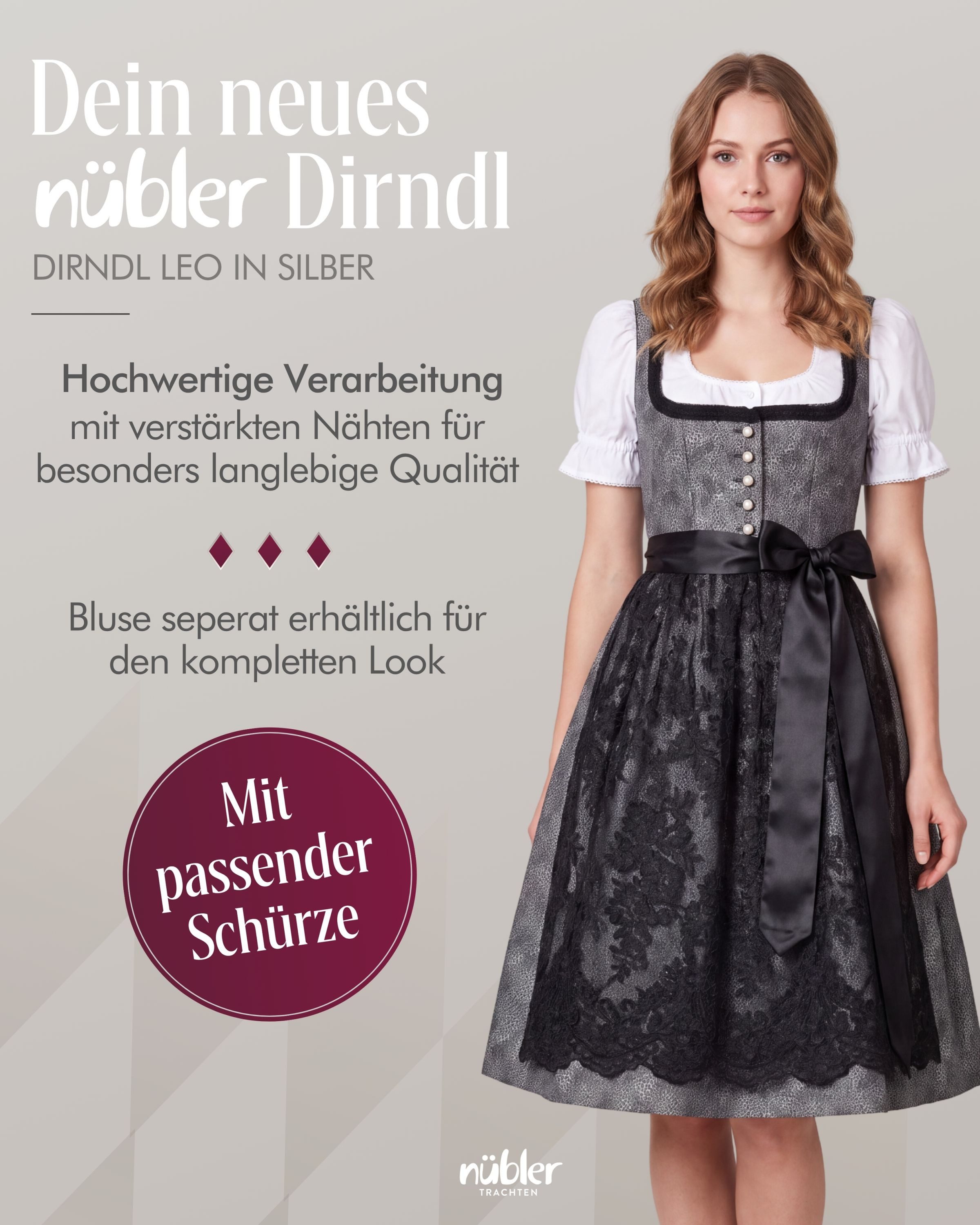 Nübler Trachtenkleid Midi Dirndl Leo in Silber von Nübler - Rocklänge 60 cm – Bild 2 von 5
