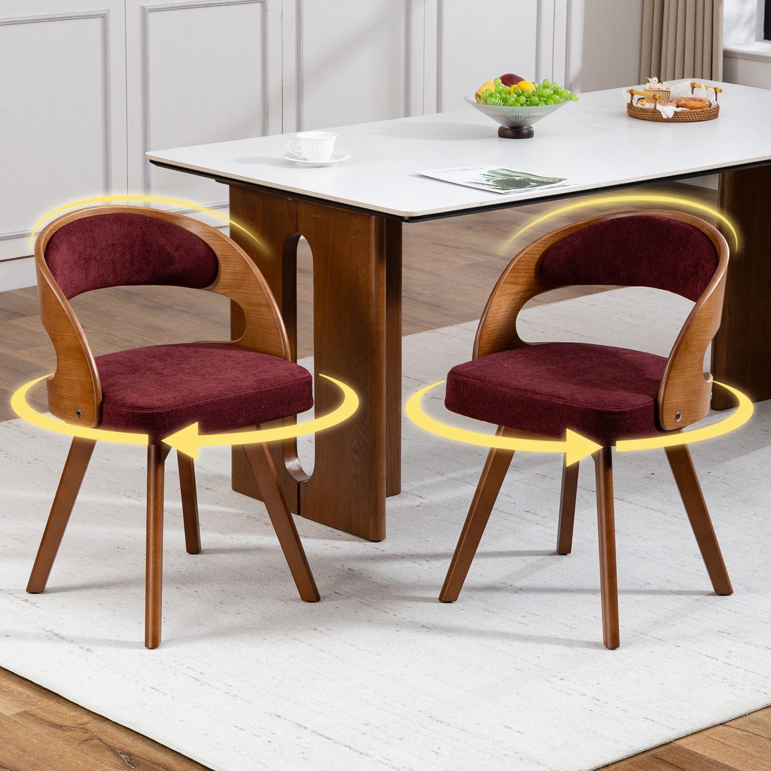 ANYSUN Polsterstuhl Holz-Esszimmerstuhl, drehbarer Esszimmerstühle 2 er Set (mit Baumwoll-Leinen-Kissen und geschwungener Rückenlehne), geeignet als Akzentstuhl für Küchen, Cafés und Wohnzimmer.