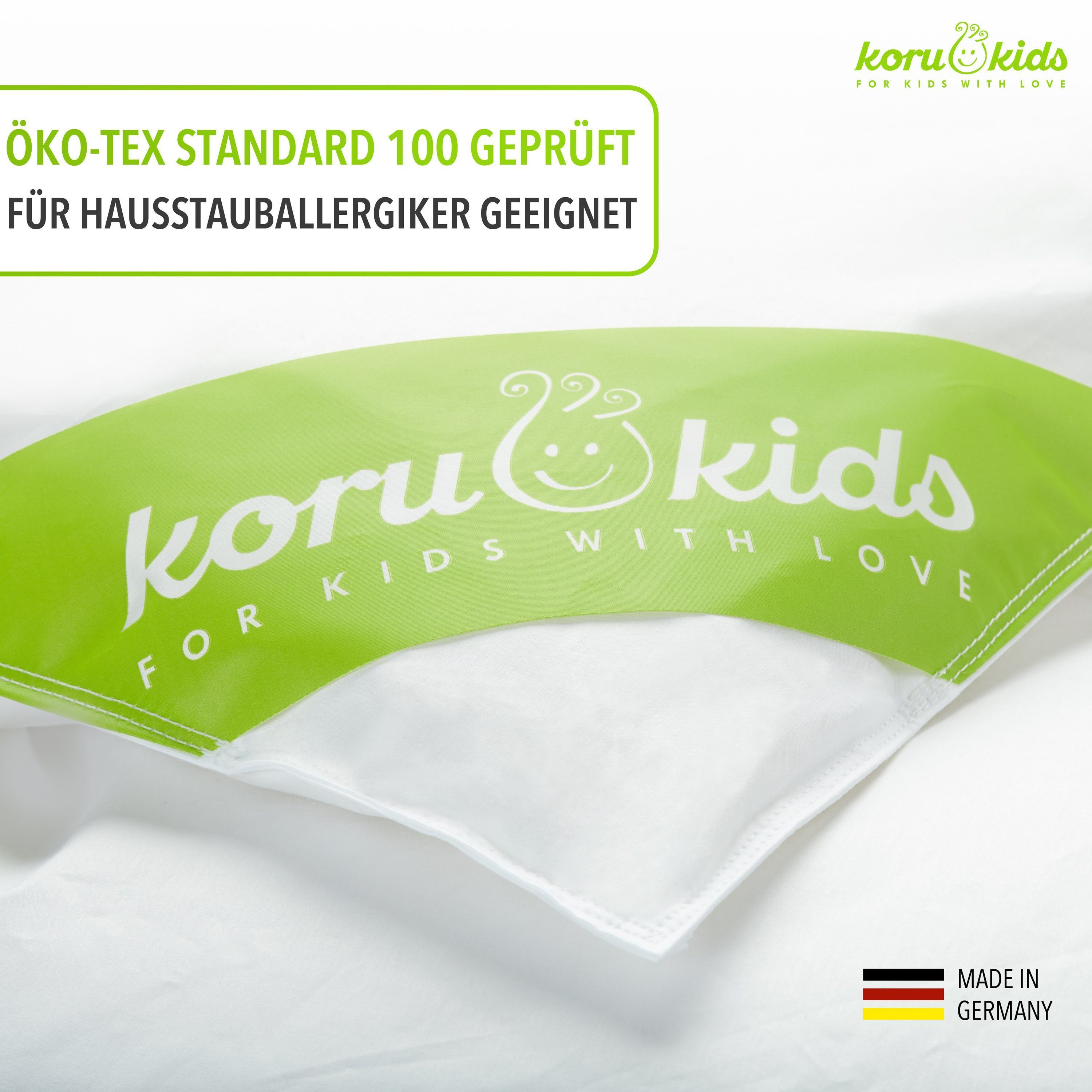 Koru Kids Kinderbettdecke + Kopfkissen Daunen Kinderbettdecke 100x135 Set mit Kissen Premium, Füllung: 100% neue deutsche Entendaunen, made in Germany, waschbar bis 60°, natürliches Schlafen für Ihr Kind
