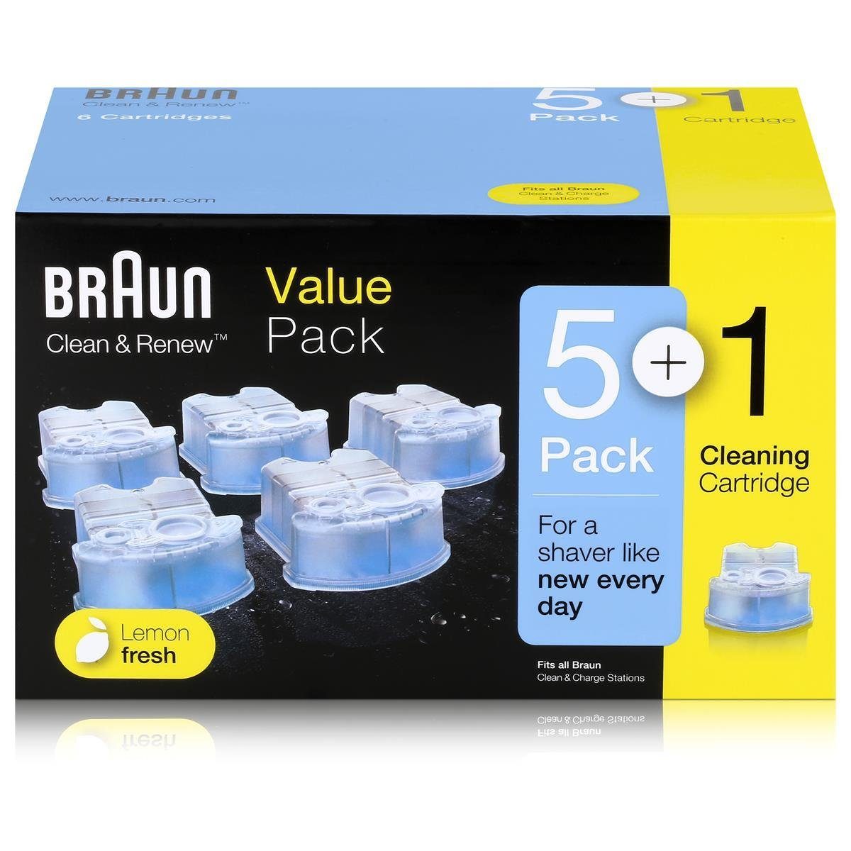 Braun 6x Braun Series Ersatzkartuschen mit Reinigungsflüssigkeit (170ml) Elektrorasierer Reinigungslösung