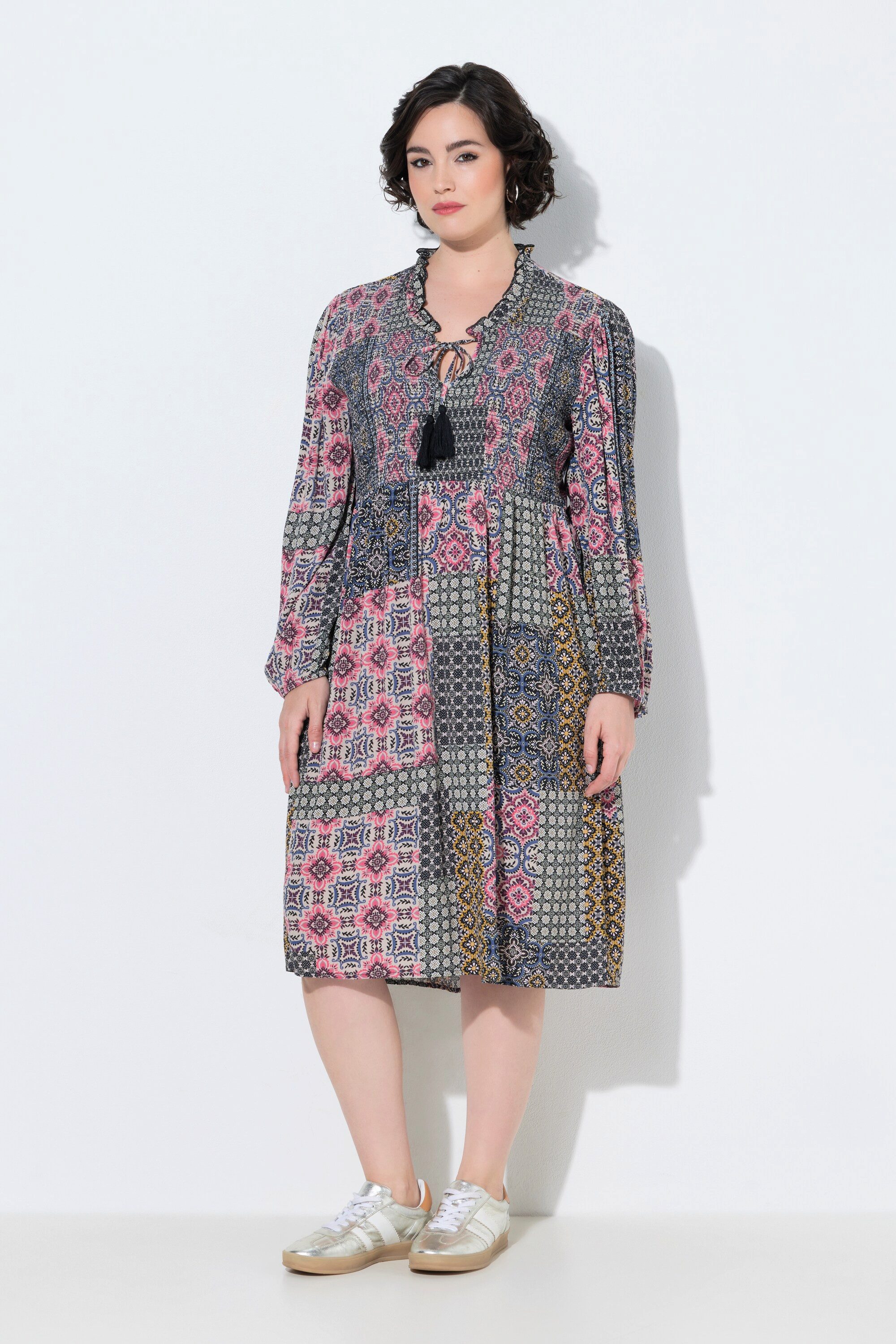 Midikleid Midikleid Patchdruck A-Linie Tunika-Ausschnitt
