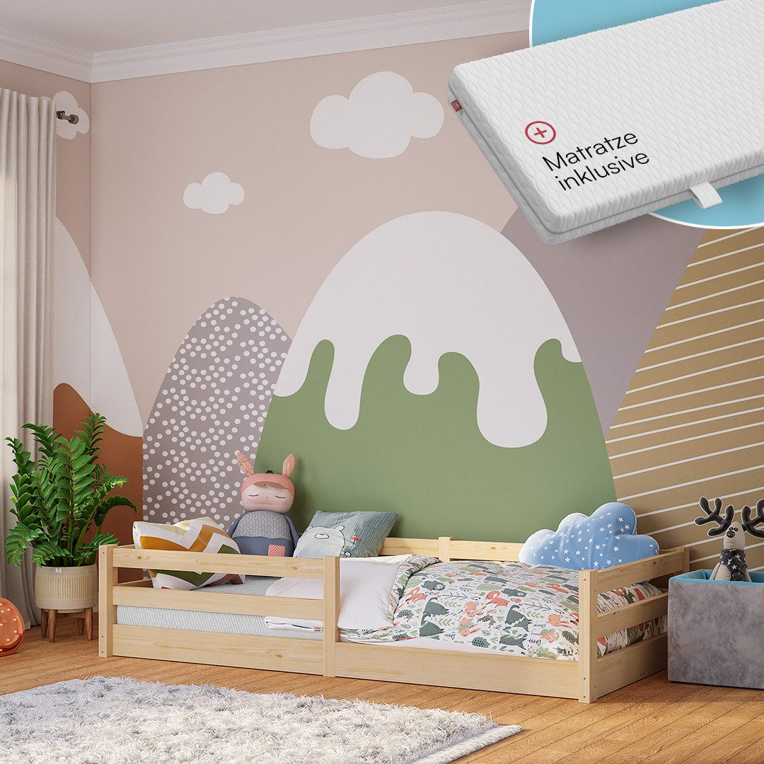 Bellabino Kinderbett Iskri mit Rausfallschutz und Lattenrost (natur, mit Ma günstig online kaufen