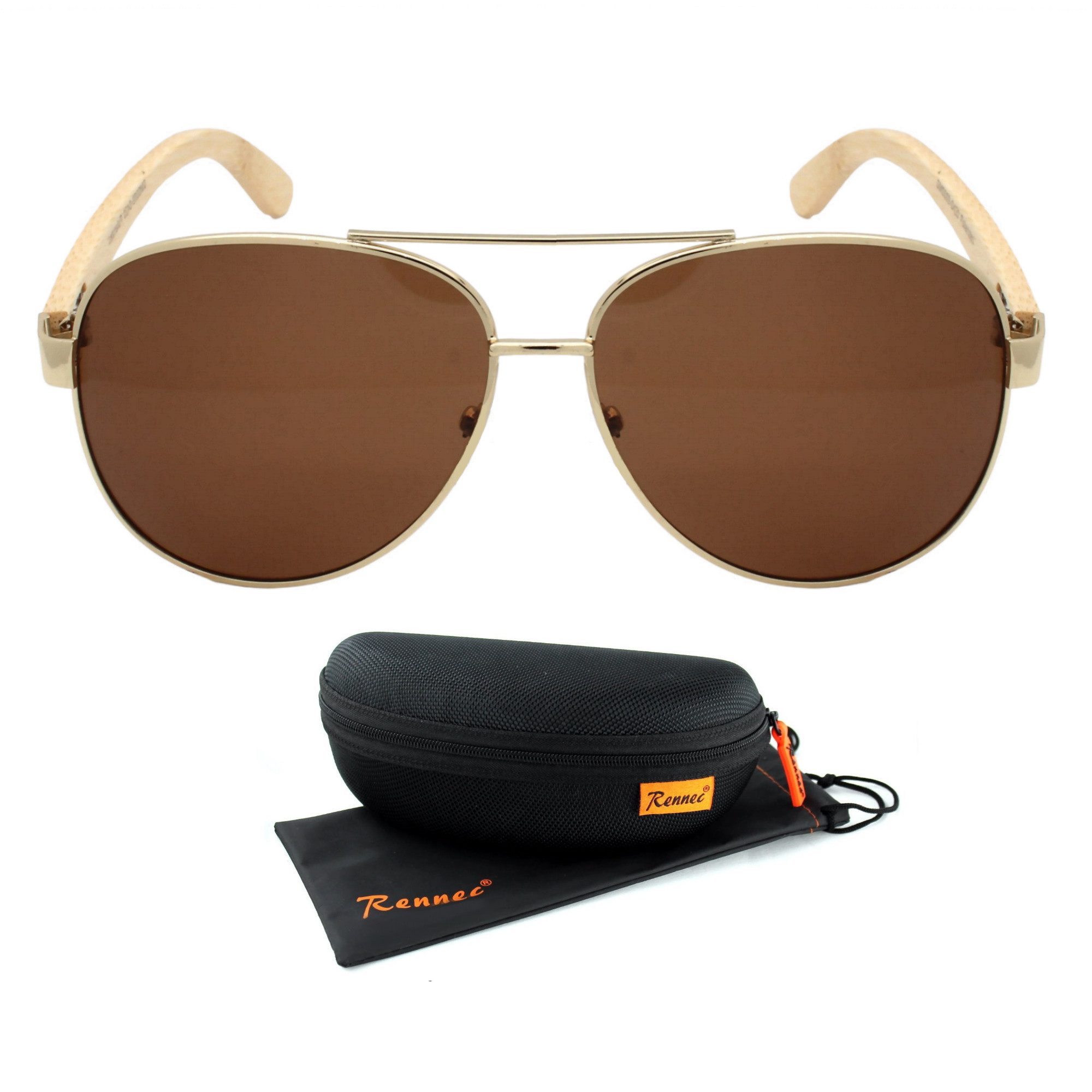 LUXXADA Sonnenbrille (Piloten Sonnenbrille Polarisiert Braun oder Schwarz Getönt mit Hardcase) Unisex Pilotenbrille mit Bambus Holz Bügeln