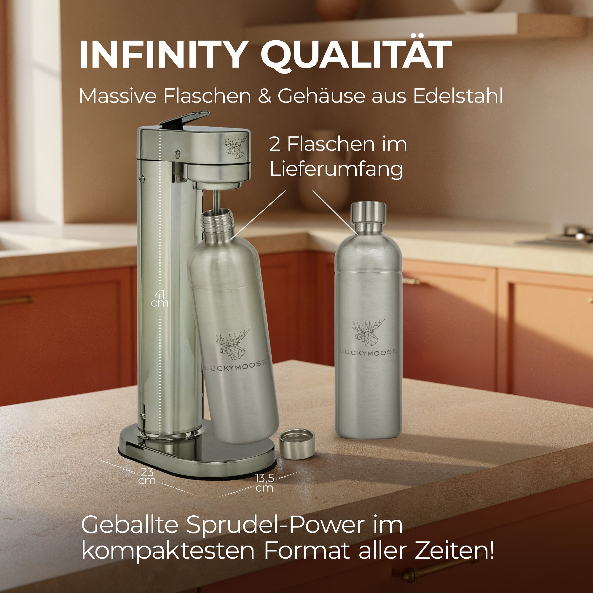 Luckymoose Wassersprudler Infinity-S mit 2x 1,25L langlebige Edelstahlflaschen, (2xSilber-tlg), Spart bis zu 25% CO2, Flaschen spülmaschinenfest & ohne Ablaufdatum
