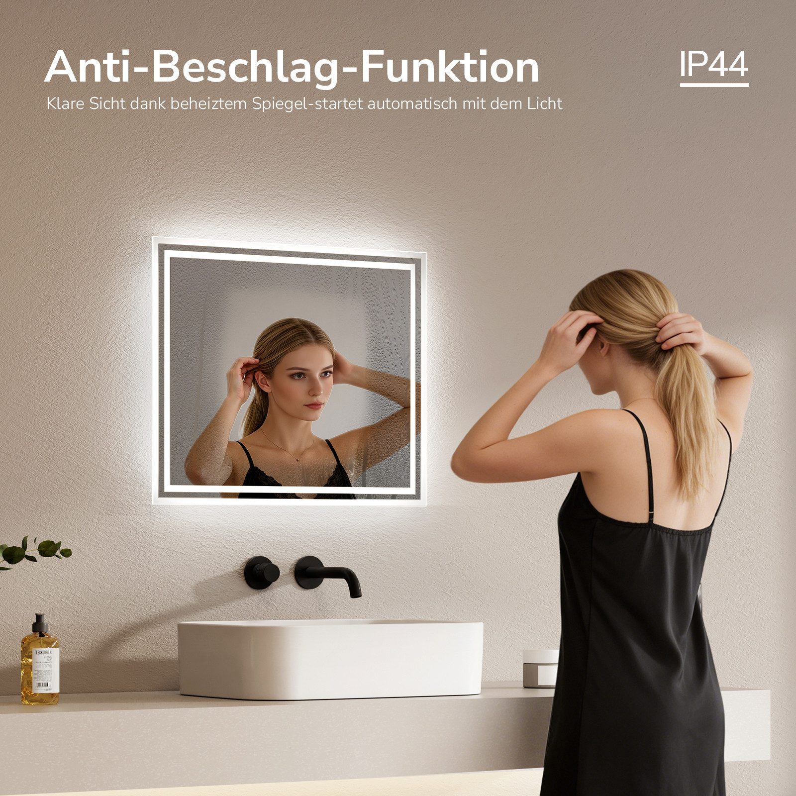 EMKE Badspiegel mit Beleuchtung und Beleuchtung,LED Spiegel mit 2 Lichtfarben dimmbar (Vertikal Horizontal möglich, Beschlagfrei, 2 Lichtfarben), Wandspiegel IP – Bild 5 von 5