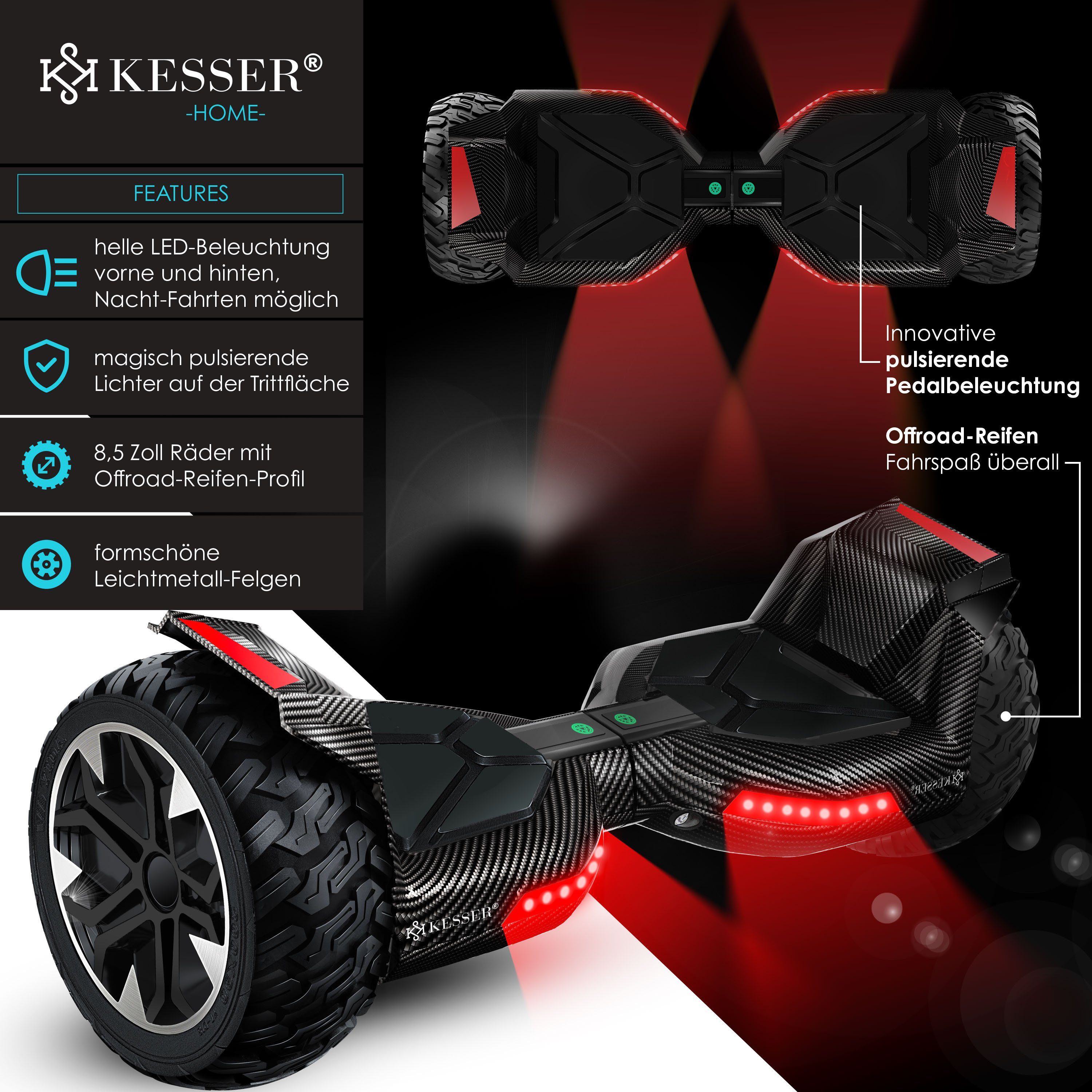 Carbon Zoll LED Lautsprecher, Hoverboard Balancetrainer, Bluetooth KESSER 800 Licht mit 8,5