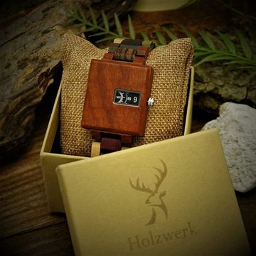 Holzwerk Quarzuhr ALZENAU Damen & Herren Holz Armband Uhr, Design Eckig, Braun Töne