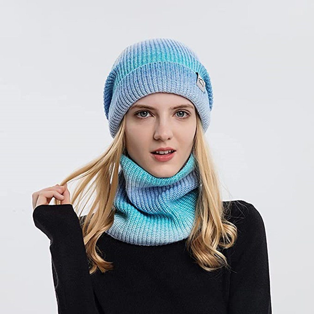 mit Farbverlauf Schal Schal Set,Wollmütze Mütze Strickmütze mit XDeer Mütze Blau Wintermütze Mütze Schal Damen Warme & Wintermütze