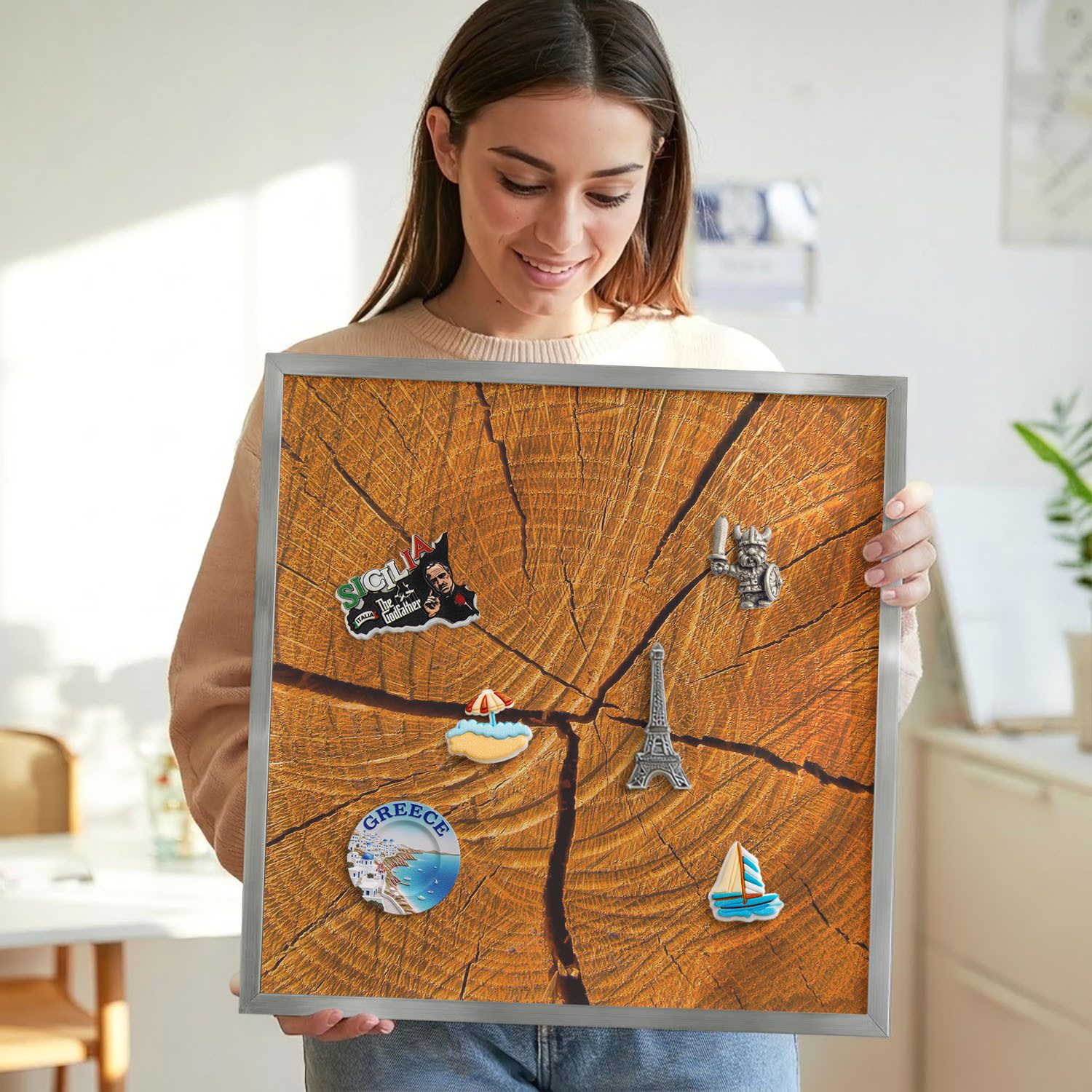 Tulup Magnettafel Dekorative Magnettafel mit Rahmen als Blickfang an der Wand, Holzmaserung, Orange