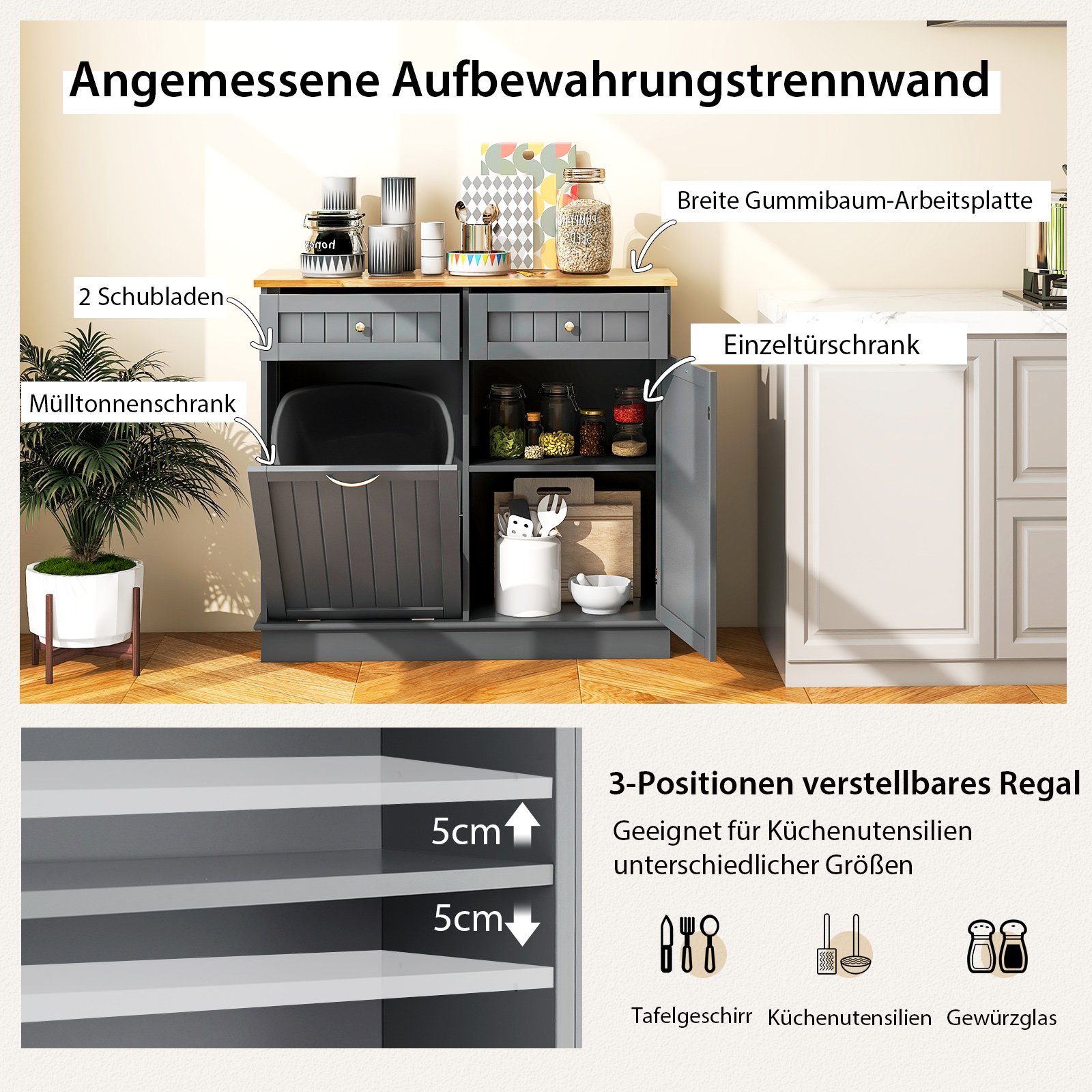 COSTWAY Kommode, für 40L Mülleimer, mit Arbeitplatte, Schublade 100x35,5x90cm