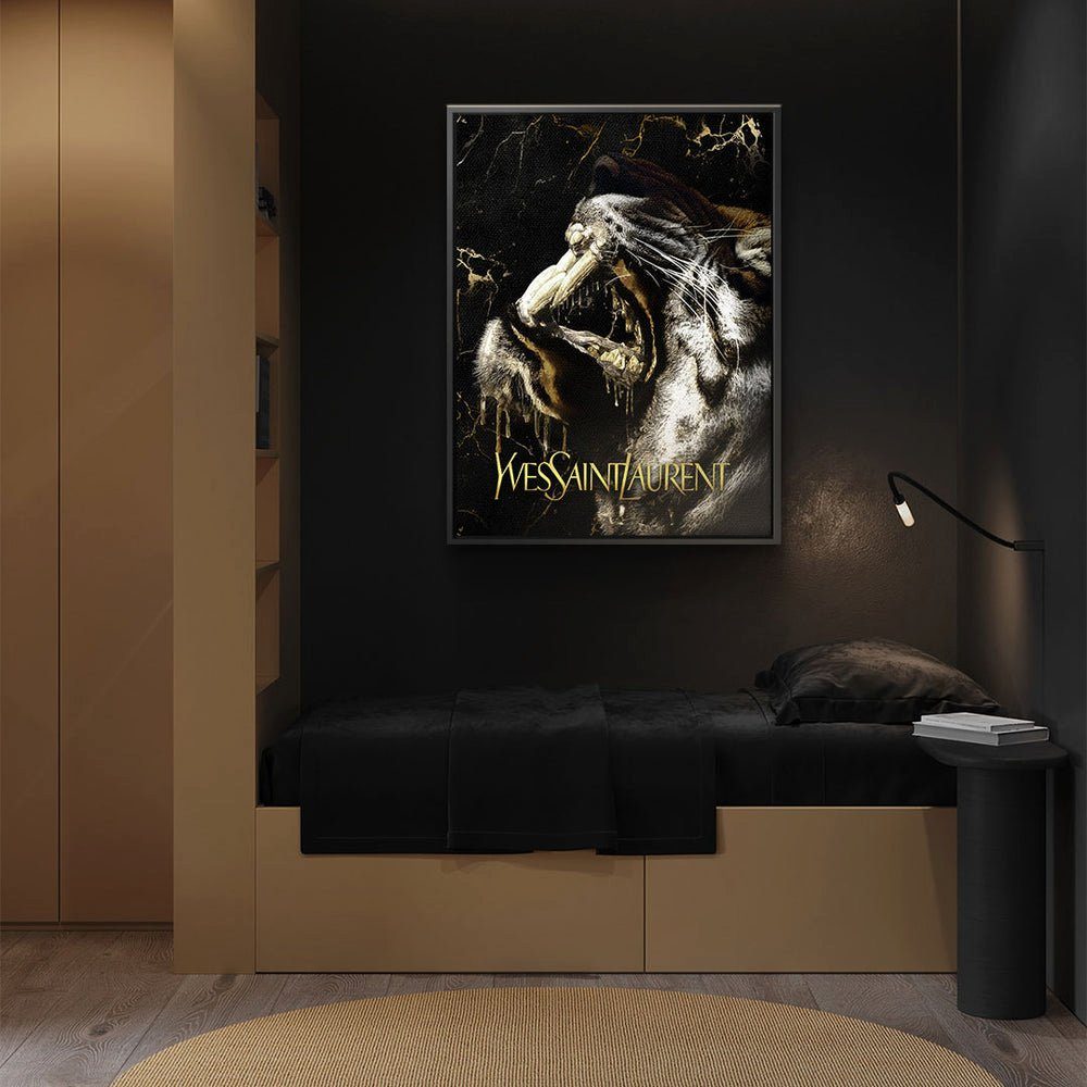 Yves edel elegant luxury schwarzer Leinwandbild, Laurent Saint tiger DOTCOMCANVAS® schwar Rahmen Tiger Leinwandbild
