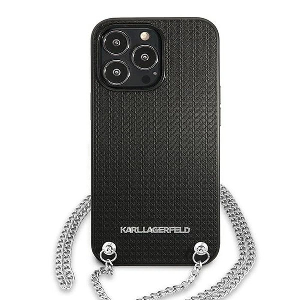 KARL LAGERFELD Handyhülle Schutzhülle Kettenhülle Umhängehülle 6,1 Zoll, Kunstleder, Umhängekette, Logo-Plakette, Hardcase