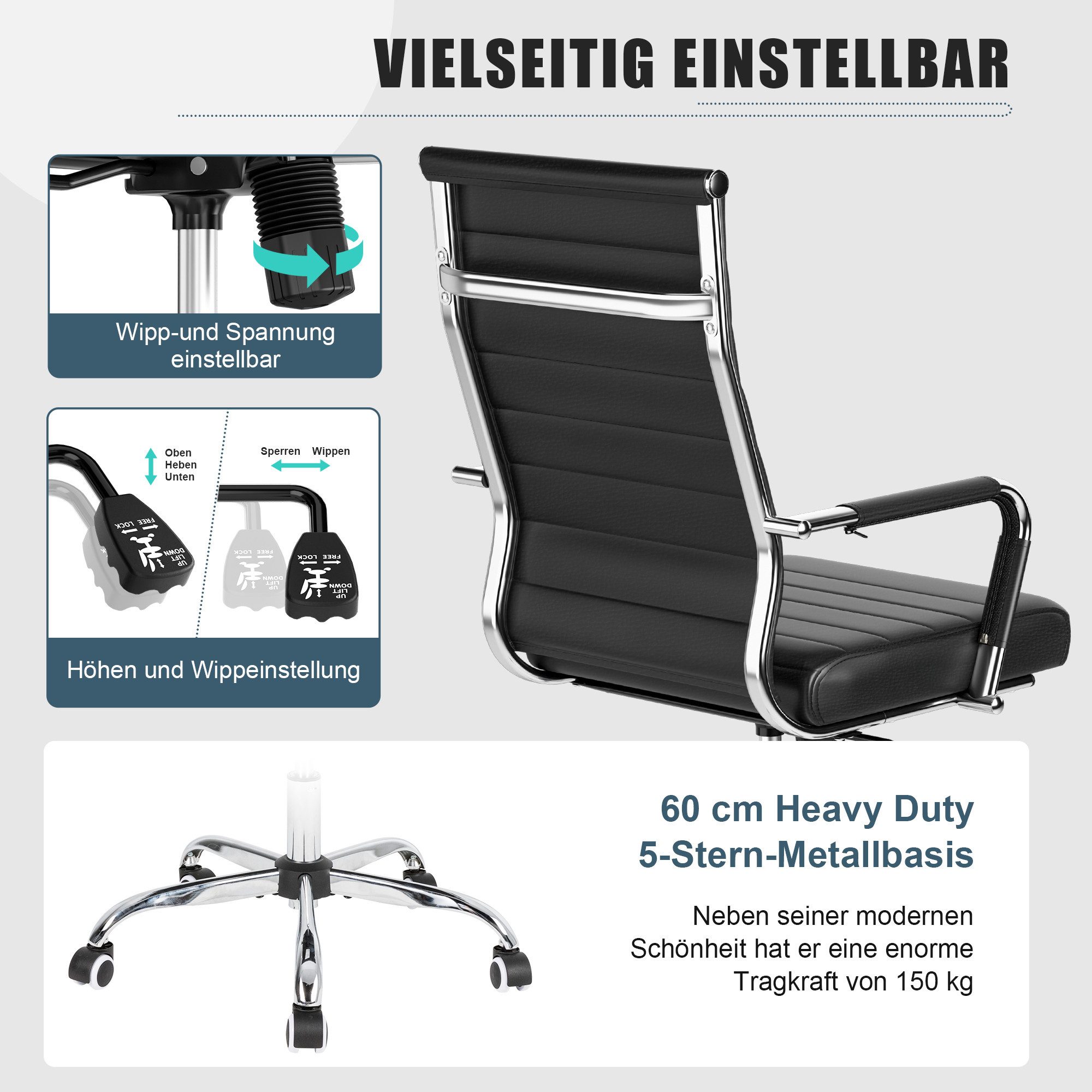 UEV Stuhl Schreibtischstuhl ergonomisch, Drehstuhl mit Rollen (Bis 150kg, Konferenzstühle, Büro-Gästestuhl), Höhenverstellbar,Wippfunktion,Metallrahmen,Gepolste – Bild 4 von 5