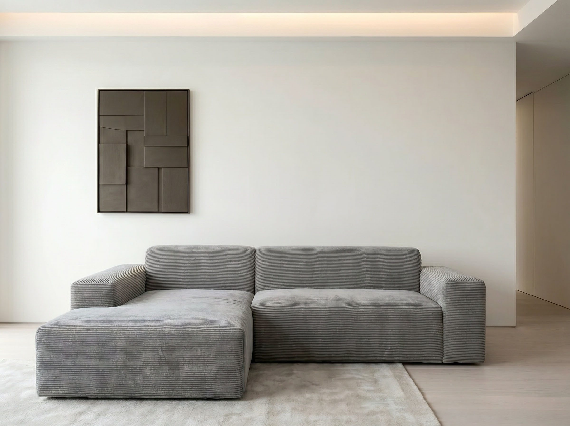WERK2 Ecksofa Zeus-L 253 cm breit, bequemes Cord-Sofa in L-Form, urbanes Design, Organische curvy-trend Couch mit großer Komfort-Ottomane