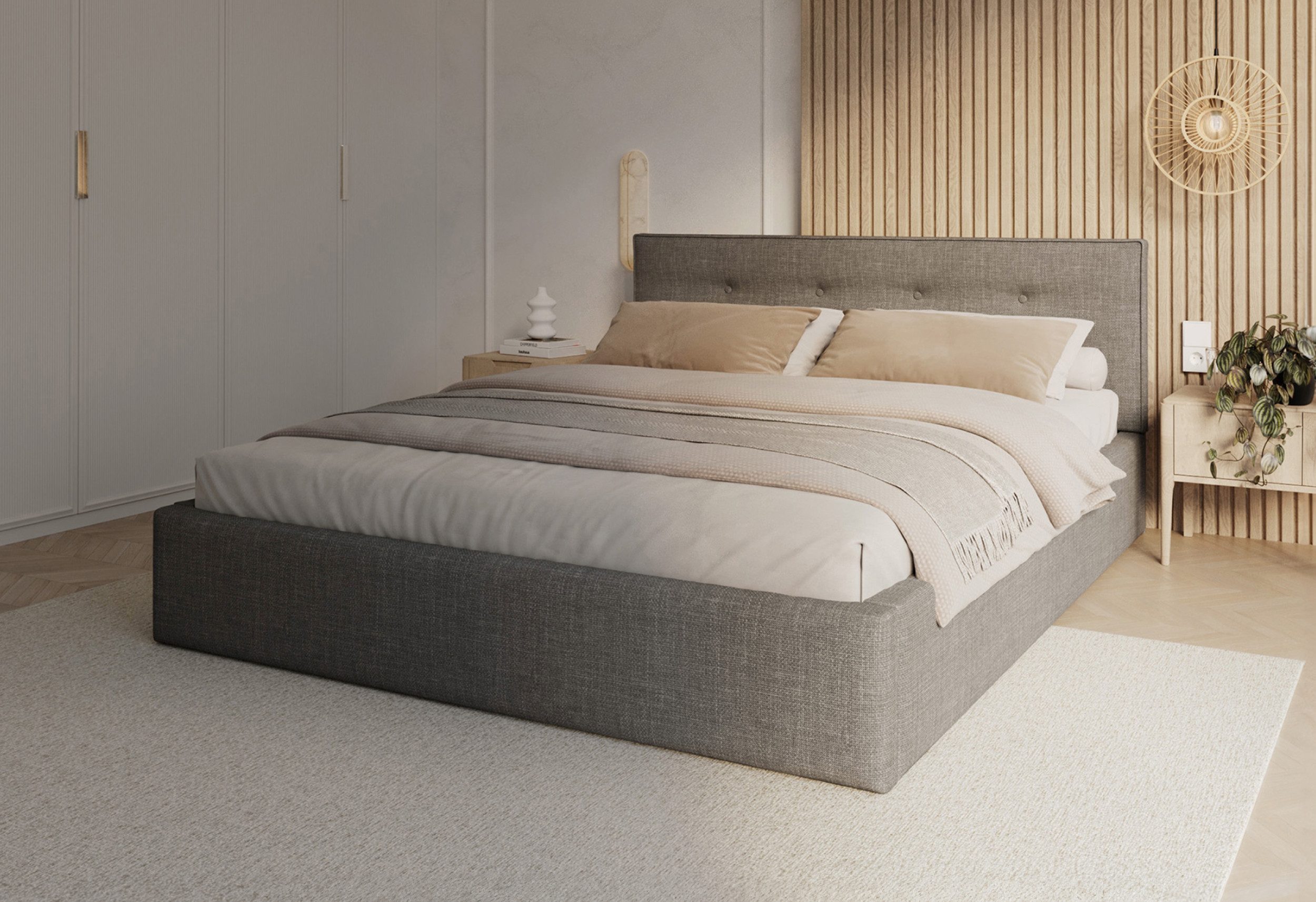 FDM Polsterbett BOHO Bettgestell 90x200, 120x200, 140x200, 160x200, 180x200cm (Polsterbett modern mit Bettkasten MADE IN EU - mit hochwertigem Ottawa Bezug, verfügbar 90x200 120x200 140x200 160x200 180x200cm, Bettrahmen, Bett, mit großen gepolsterten Kopf