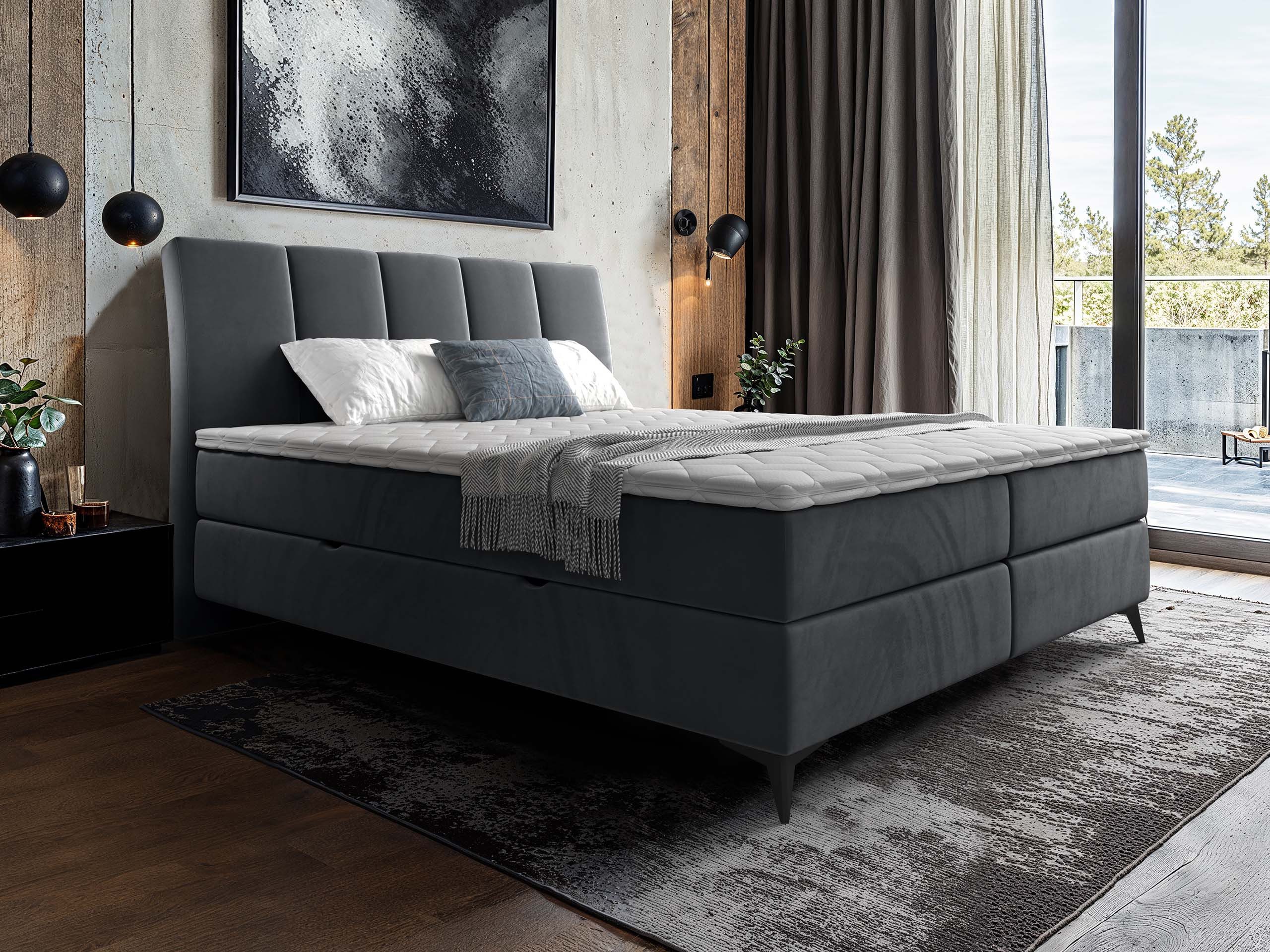 MIRJAN24 Boxspringbett Forever (mit 2 Bettkästen, Gasdruckfedern, Bonellfederkernmatratzen + Topper), Kopfteil gesteppt und gepolstert