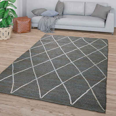 Teppich Wohnzimmer Teppich Kurzflor Handgeknüpft Jute Skandi, TT Home, rechteckig, Höhe: 13 mm