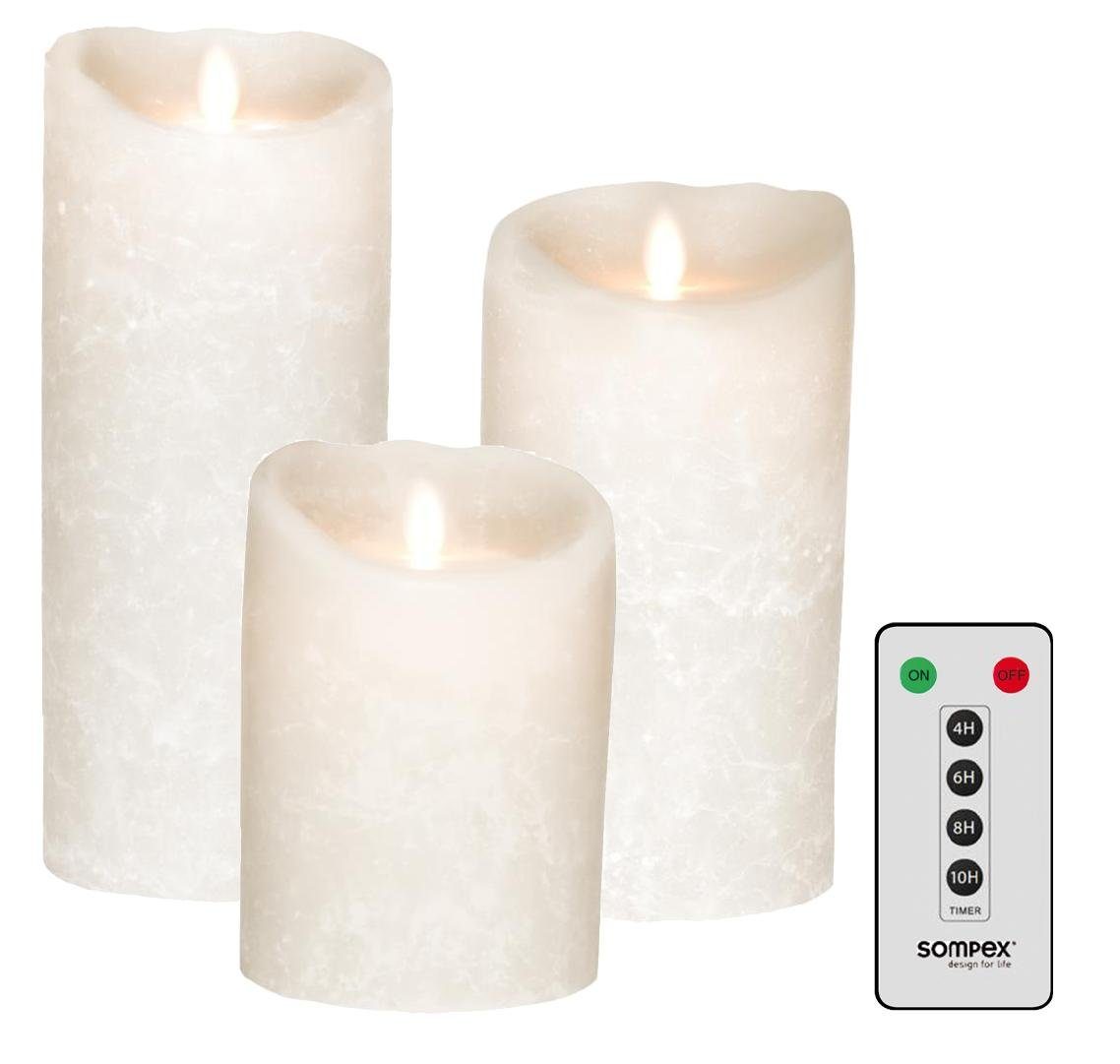 SOMPEX LED-Kerze 3er Set Flame LED Kerzen weiß Frost 12,5/18/23cm (Set, 4-tlg., 3 Kerzen, Höhe 12,5/18/23cm (je 8cm Durchmesser), 1 Fernbedienung), mit Timer, Echtwachs, täuschend echtes Kerzenlicht
