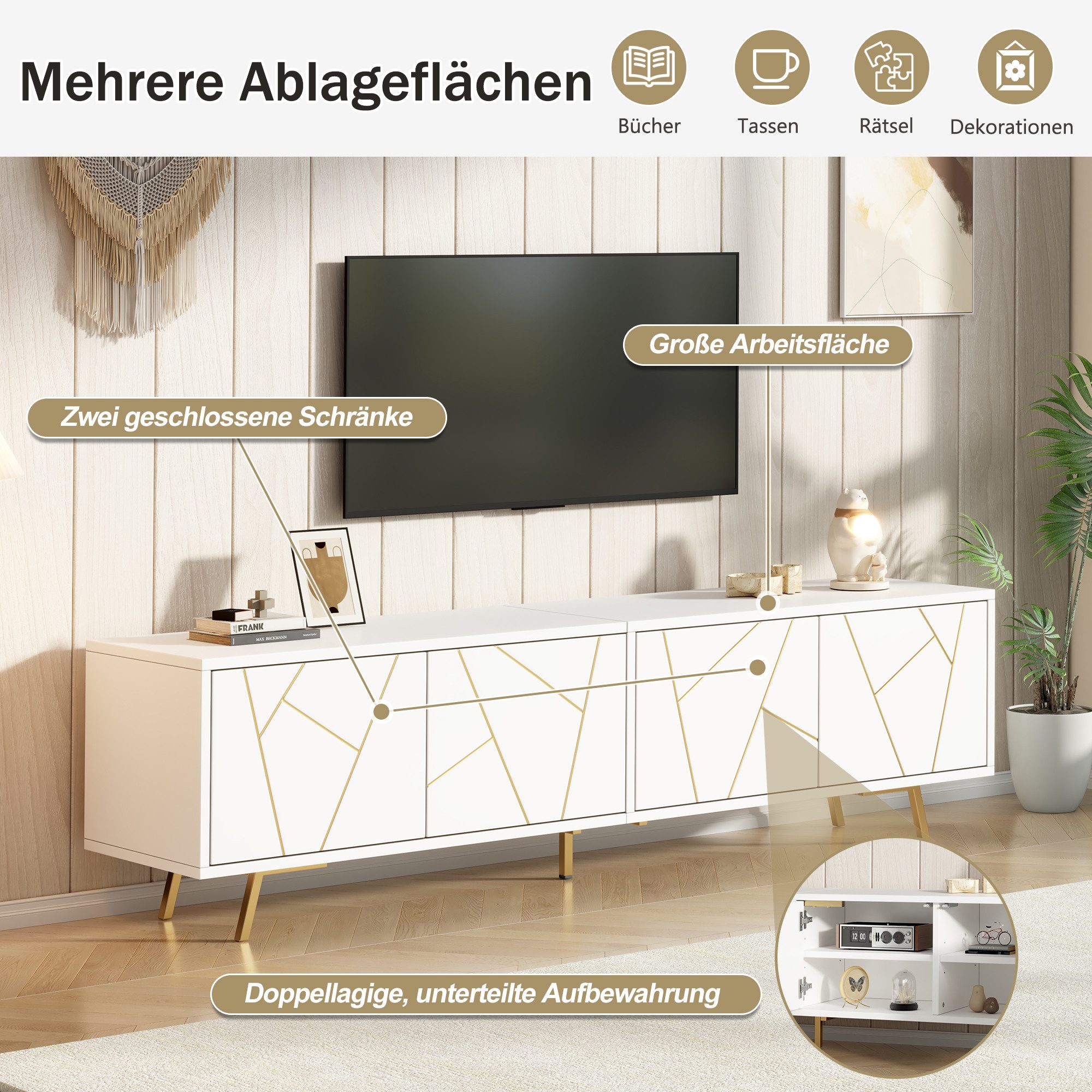 Merax Lowboard mit goldenen Akzenten (1 St), TV-Schrank mit 4 Türen, viel Stauraum & Metallbeinen, 190x40x51,5cm – Bild 5 von 5