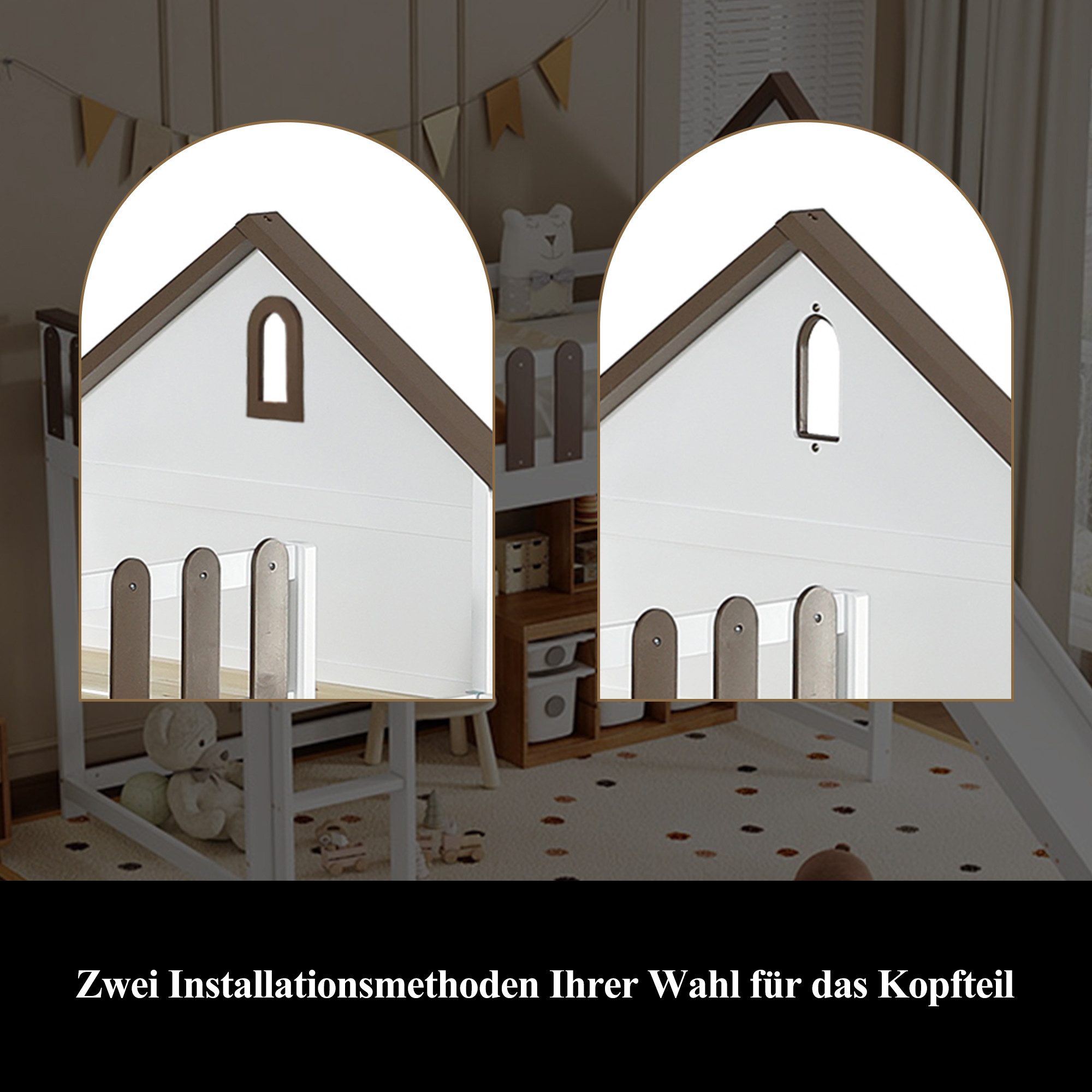 Merax loft bed (pine wood bed, bunk bed with roof and window) children's bed 90x200cm with slide and three-step ladder, house design