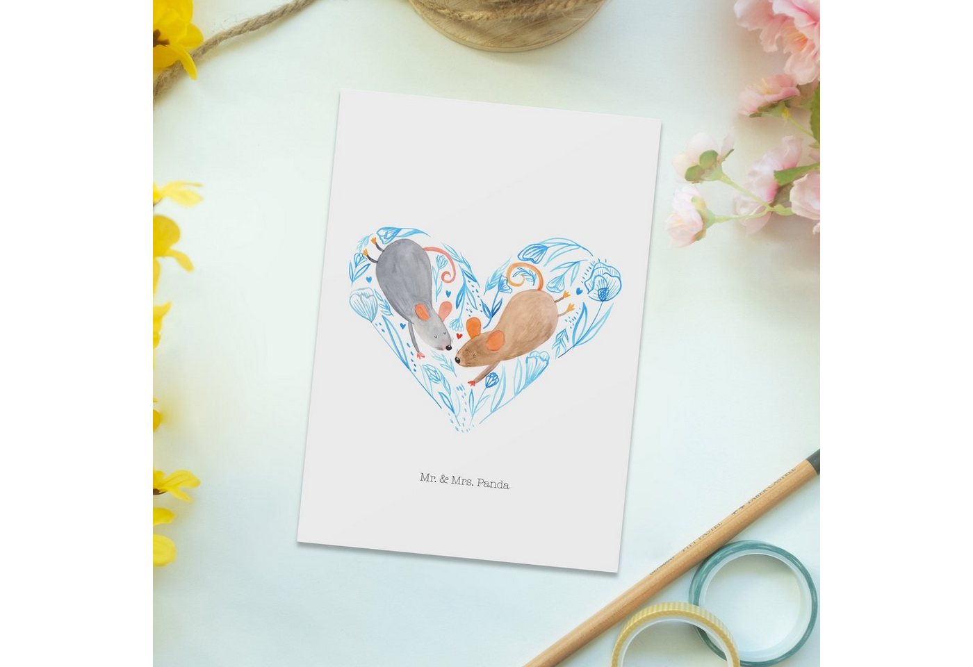 Thumbnail - Mr. & Mrs. Panda Postkarte Mäuse Herz - Weiß - Geschenk, Ansichtskarten, Ehemann, Pärchen, Einla, Hochglanzveredelt