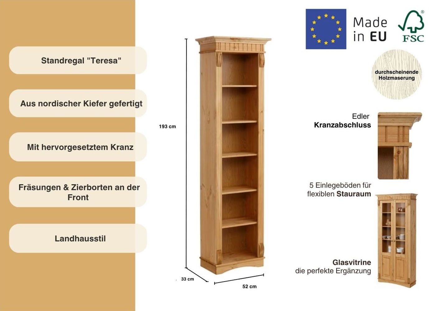 OTTO home Standregal Teresa, Höhe 193 cm, aus massiver Kiefer, FSC®