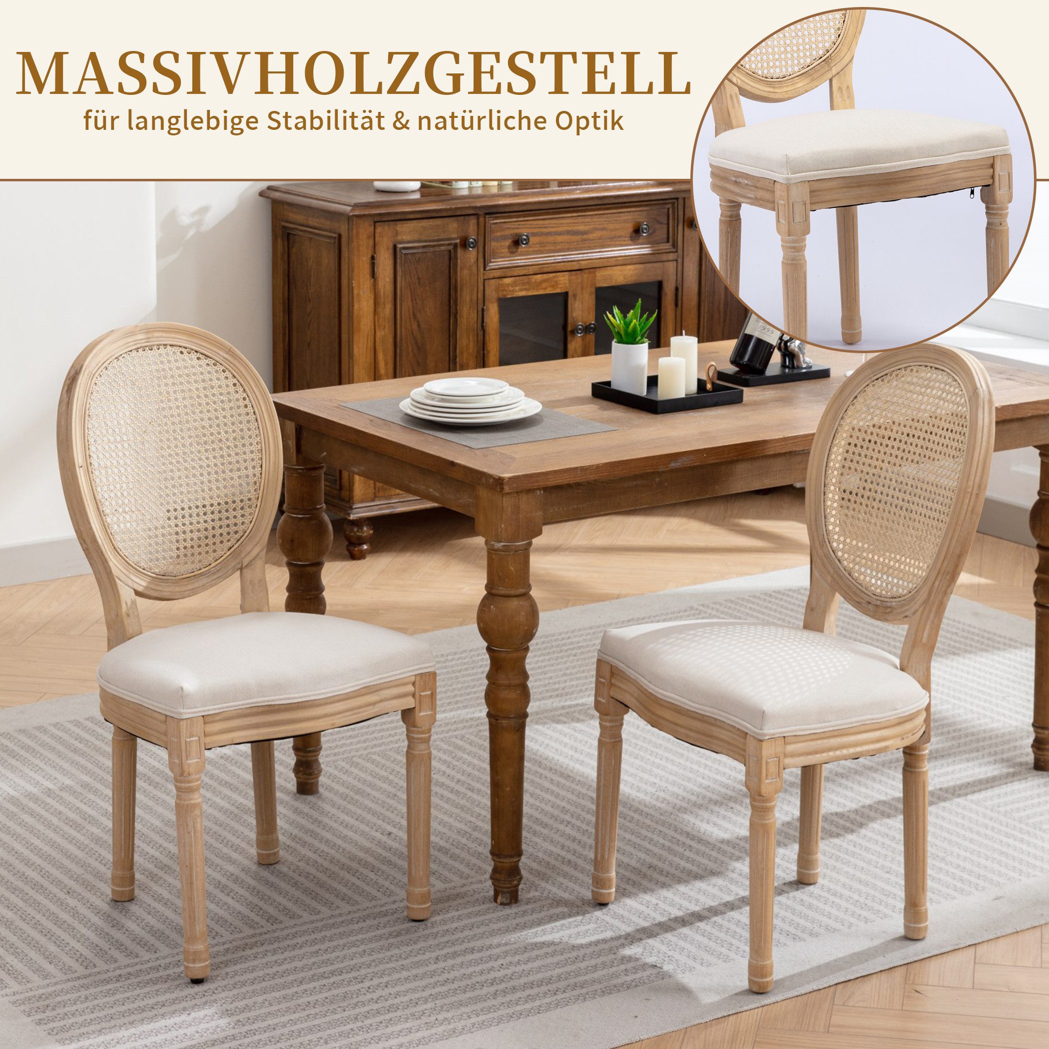 SeedWave Esszimmerstuhl 2er Set Küchenstuhl aus Massivholz-Gestell, mit Rattan-Rückenlehne, Polsterstuhl inkl. Leinenbezug Sitzfläche