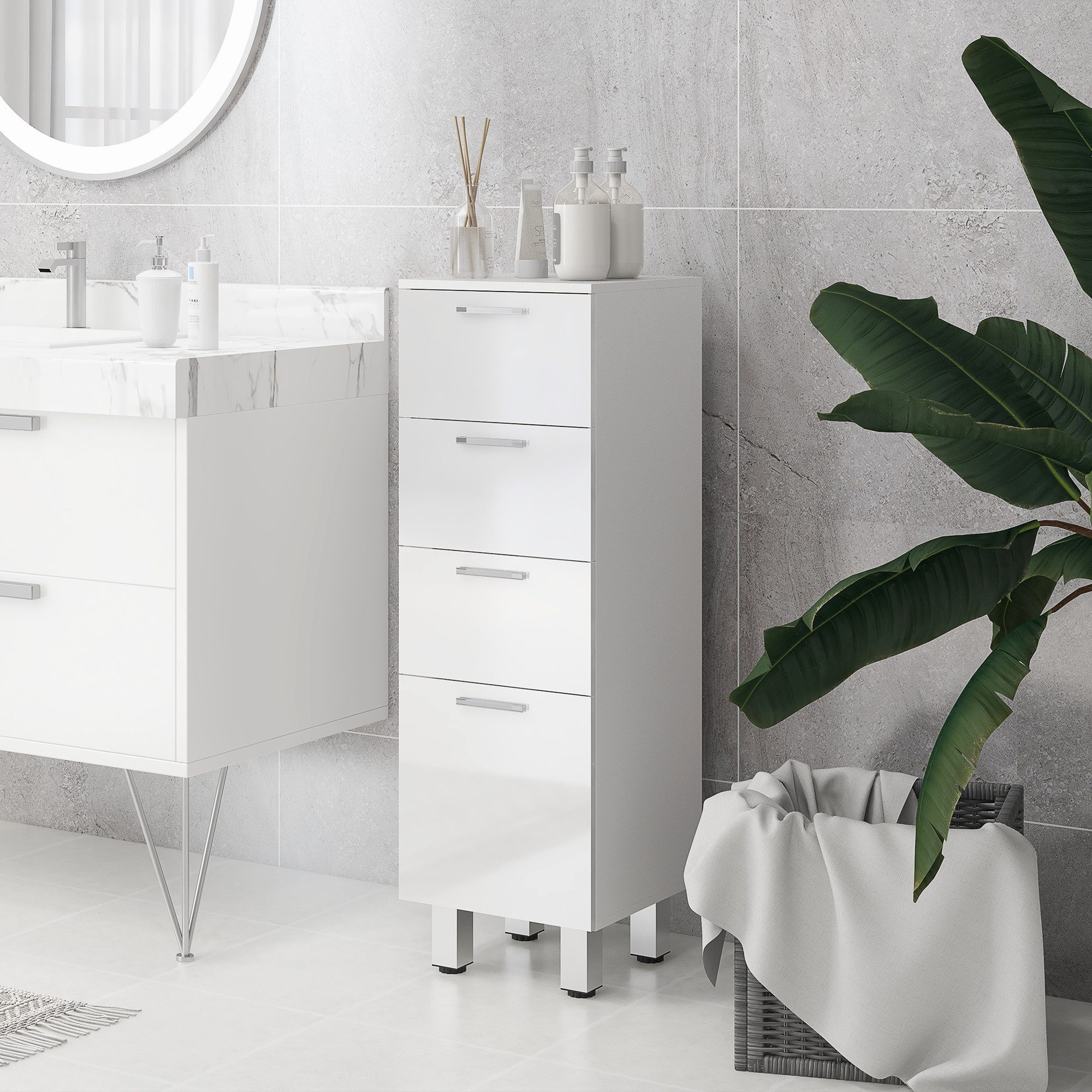 Kleankin Badkommode Nischenschrank schmal Toilettenschrank Badschrank für Badezimmer (Badezimmer-Aufbewahrungsschrank, 1 St., mit Schublade, verstellbare Füße), 30 x 30 x 93 cm, Weiß