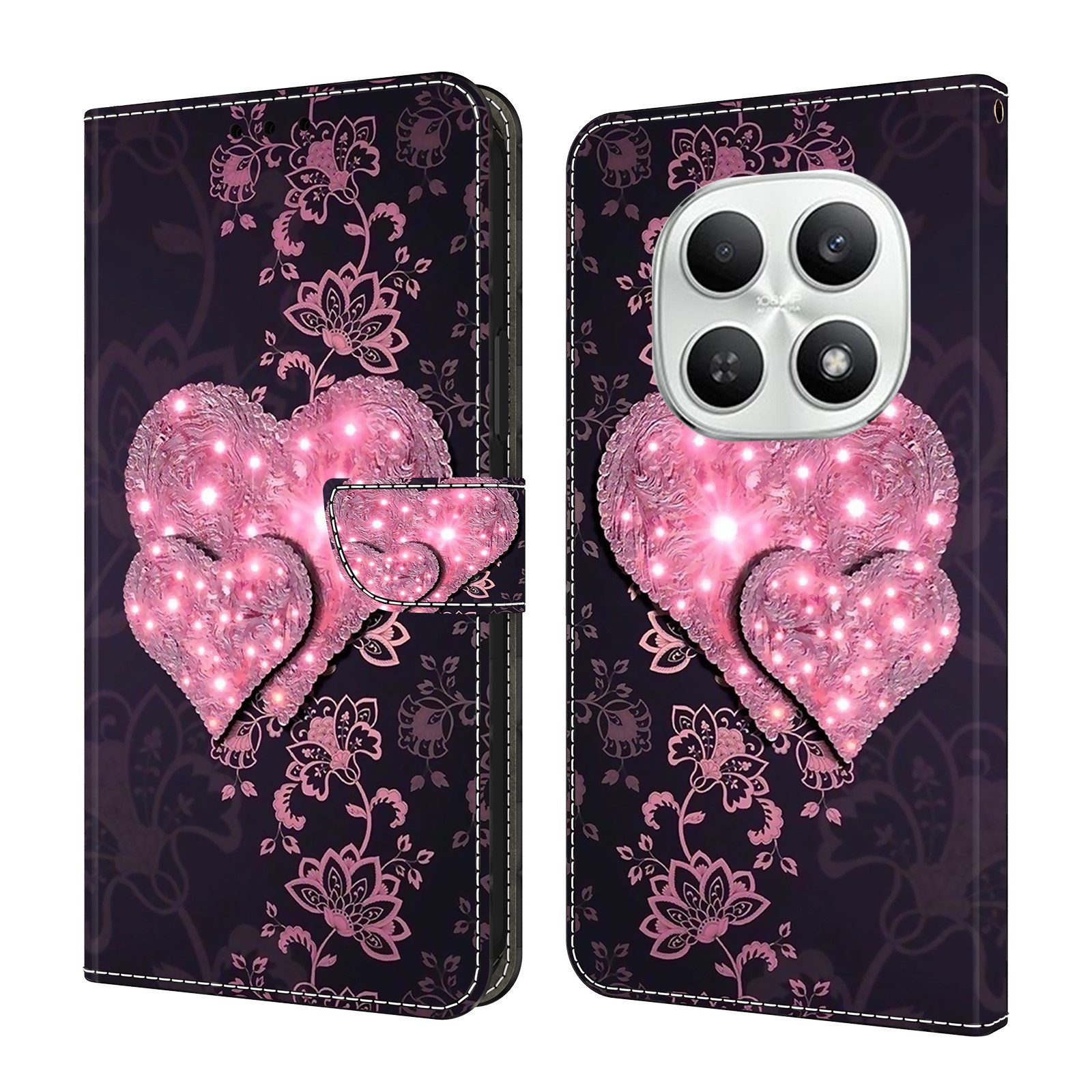 CLM-Tech Handytasche für Xiaomi Redmi Note 15 5G Klapphülle aus PU Leder (rosa Herzen, 1-tlg., Flip Case), Magnetverschluss, Standfunktion und Kartenfächer