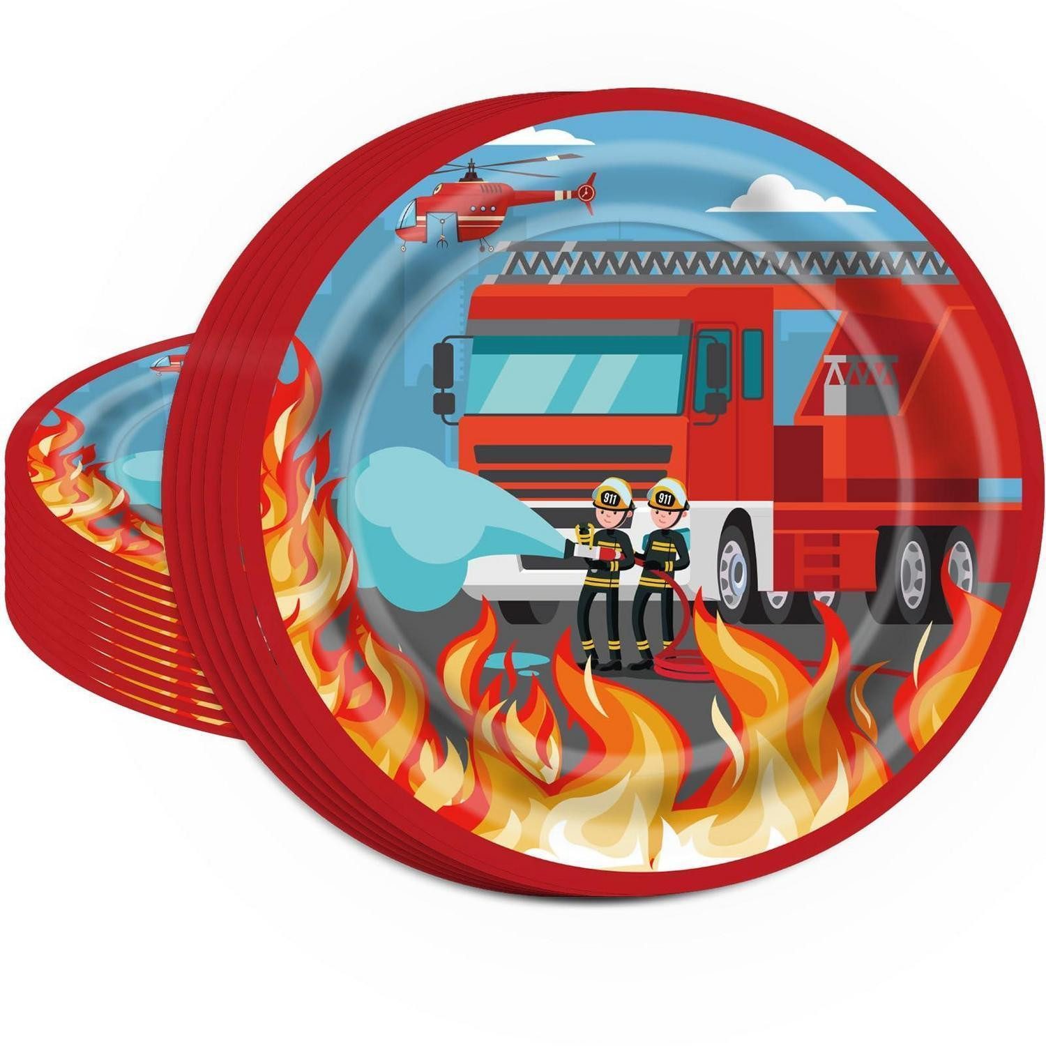 LuxusKollektion Einweggeschirr-Set Pappteller Feuerwehrauto 16 St. 9 Zoll, Papier